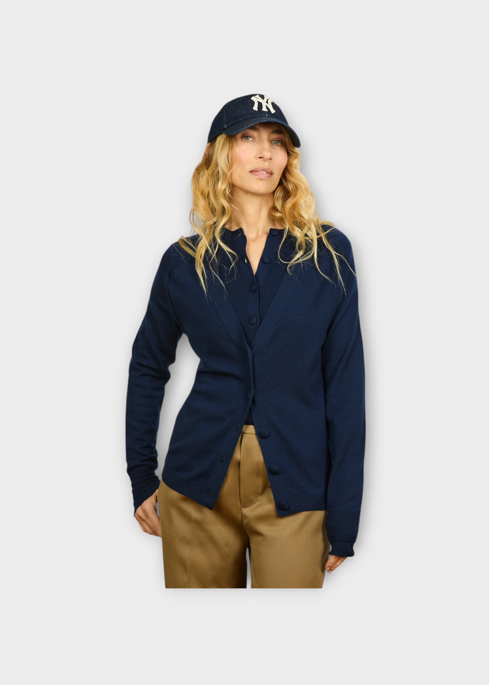 Alexandra Golovanoff AGT Knitwear, Blue, Julien Wool V-Neck Buttoned Cardigan in Encre