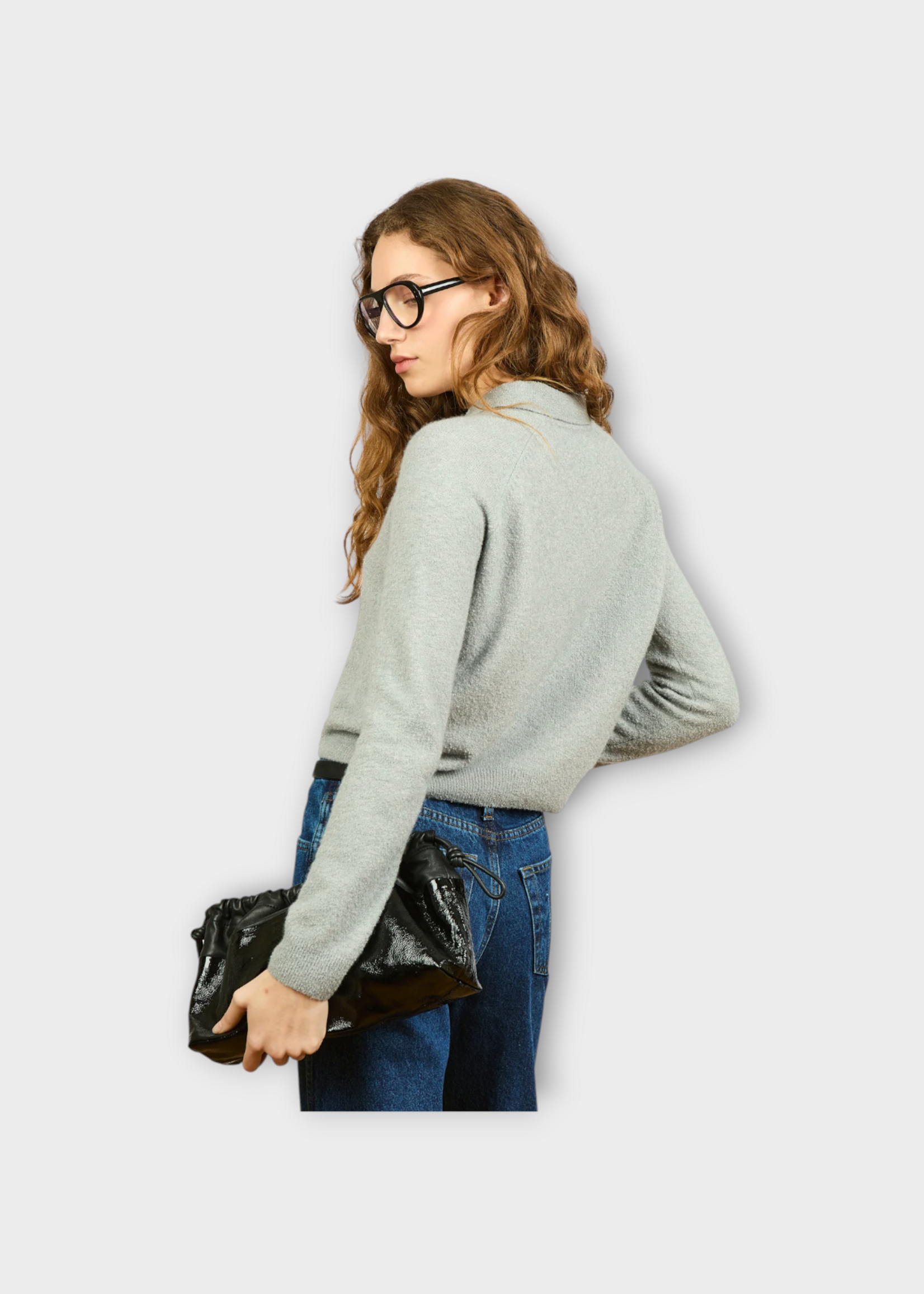 Alexandra Golovanoff AGT Knitwear, Grey, Milan Cashmere & Silk Polo Cropped Sweater in Brume