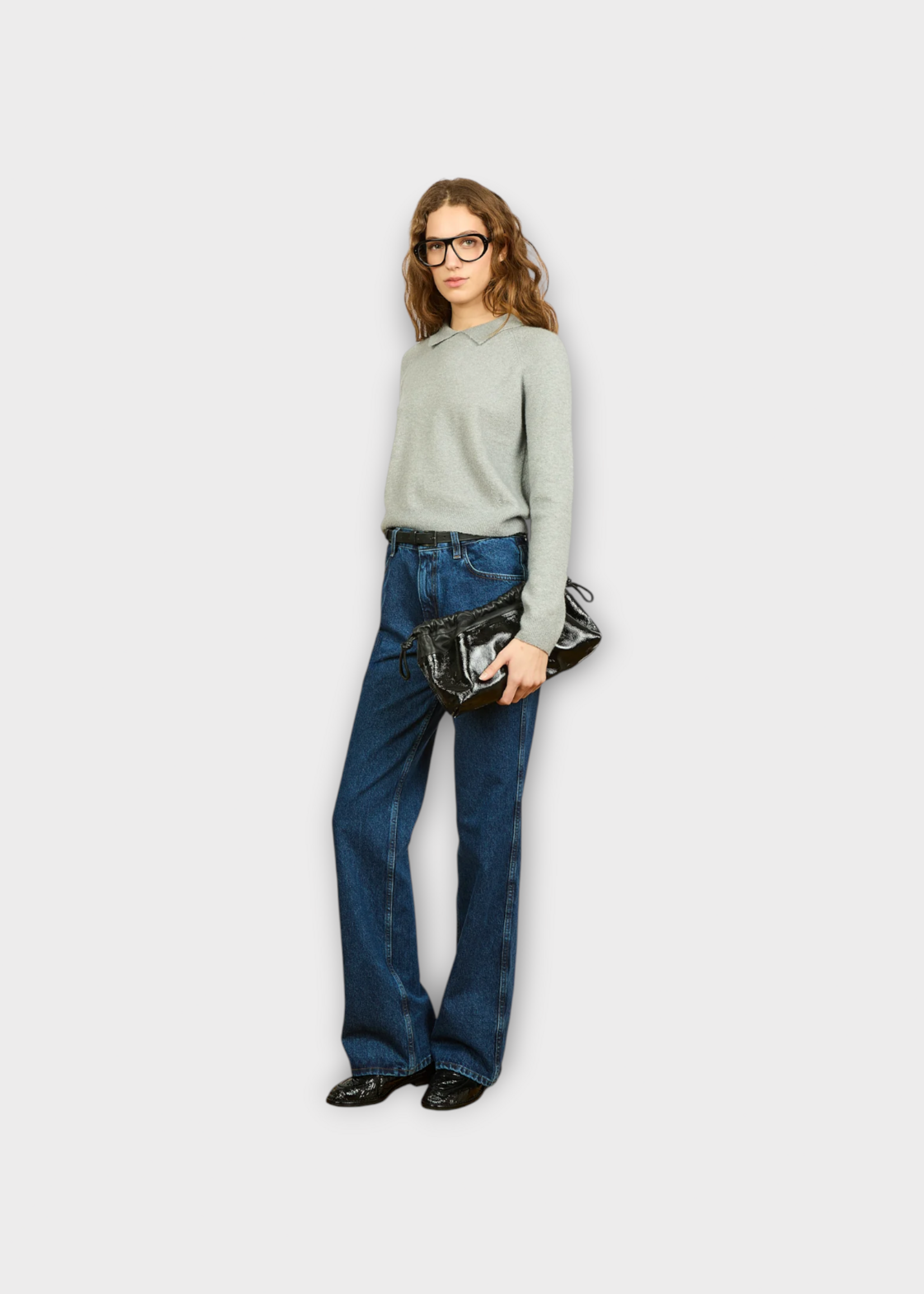 Alexandra Golovanoff AGT Knitwear, Grey, Milan Cashmere & Silk Polo Cropped Sweater in Brume