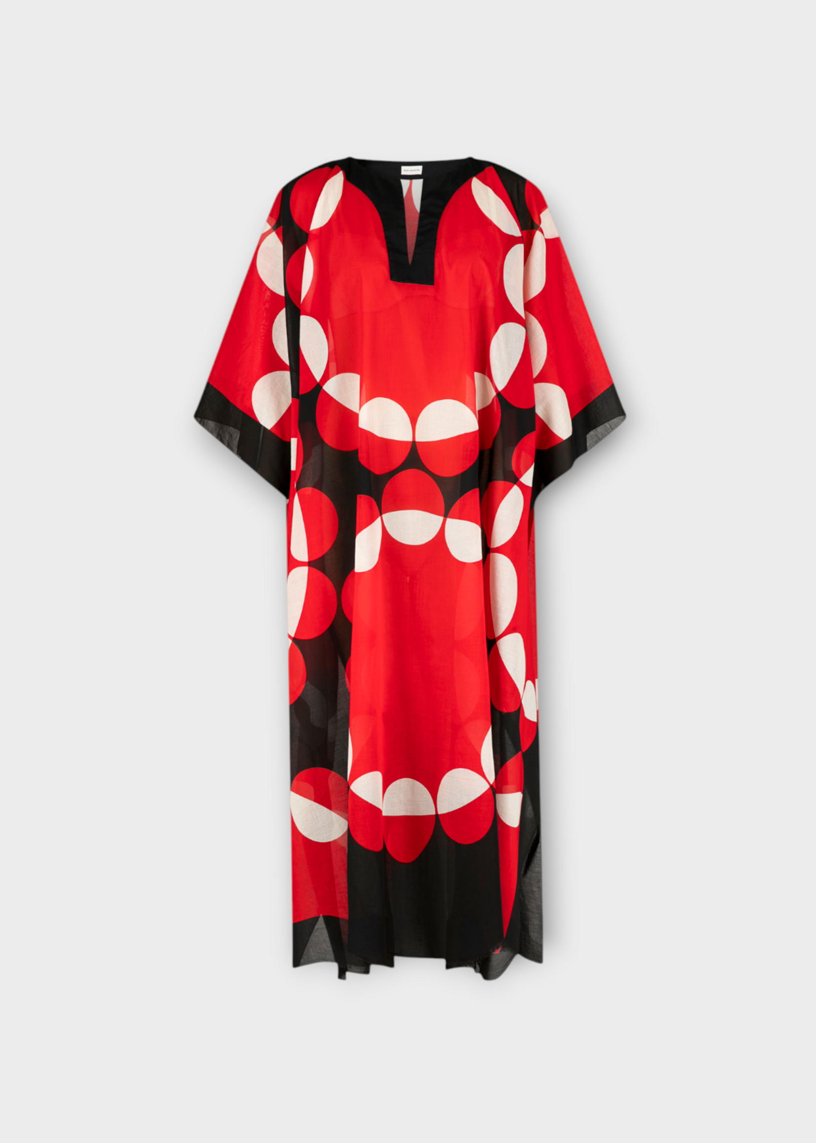 Dries Van Noten Dries Van Noten Dress, Print, Cartland Cotton V-Neck Long Kaftan In Red Black & White w/ Dessin E Print