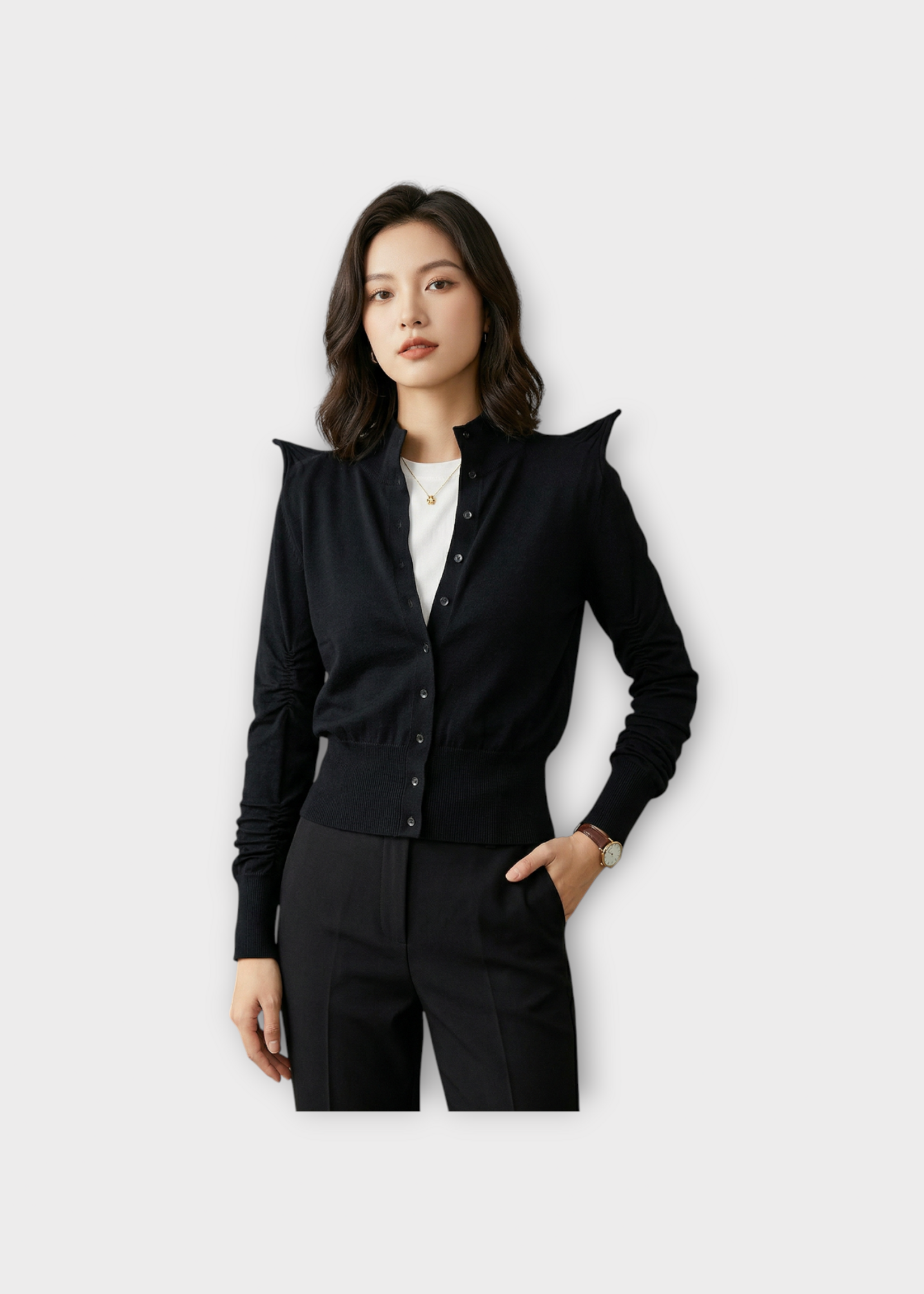 Julie Kegels Julie Kegels Knitwear, Black, Kreed Cotton Mix Cardigan w/ Pointed Shoulders