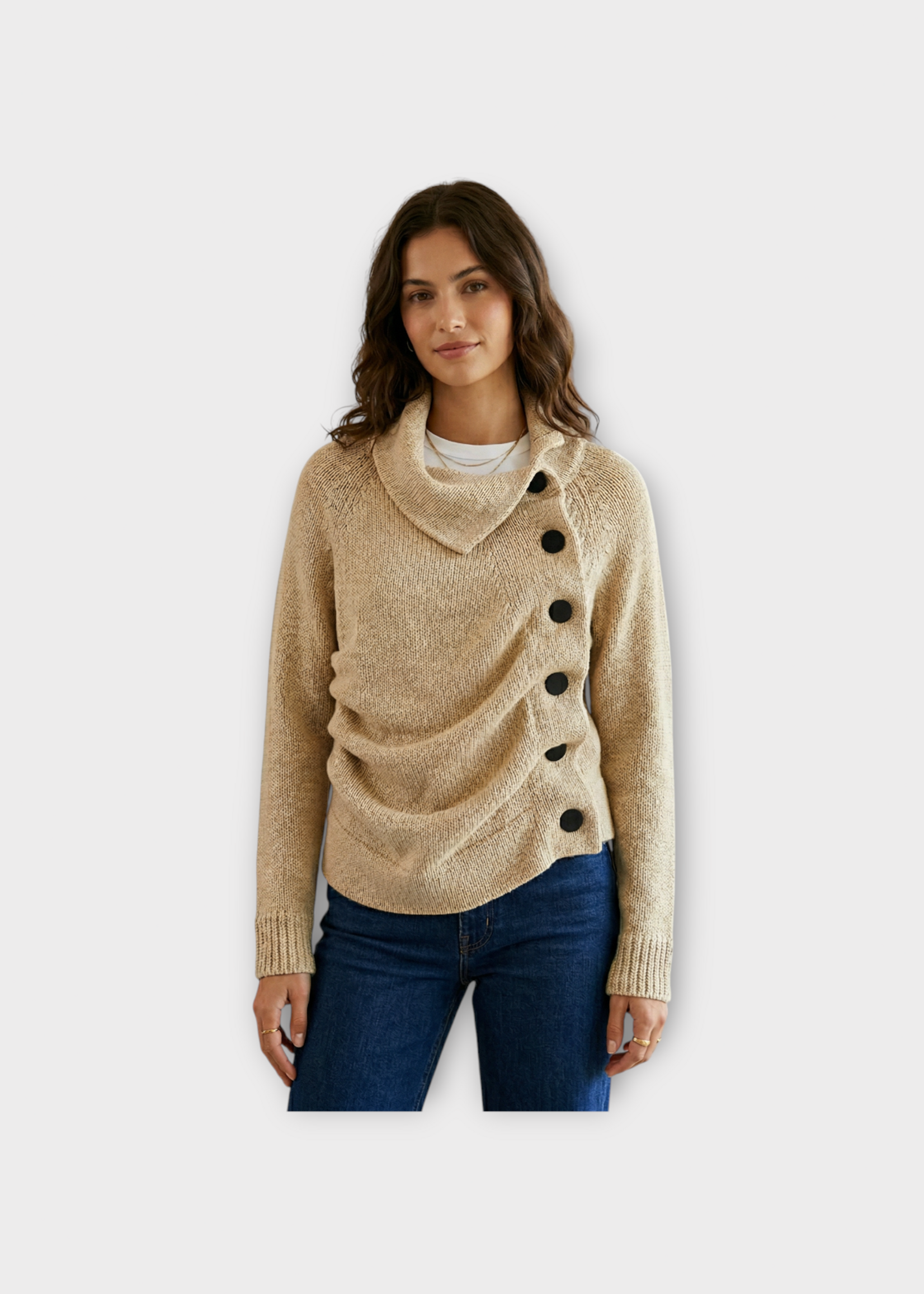 Khaite Khaite Knitwear, Beige, Lorrai Cotton & Silk Chain High Neck Buttoned Cardigan In Beige