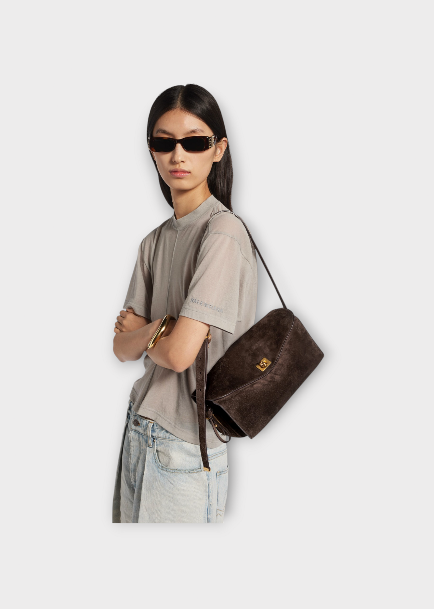 Balenciaga Balenciaga Bag, Brown, Le 7 Medium Suede Shoulder Bag In Moka & Ruby w/ Detachable Strap