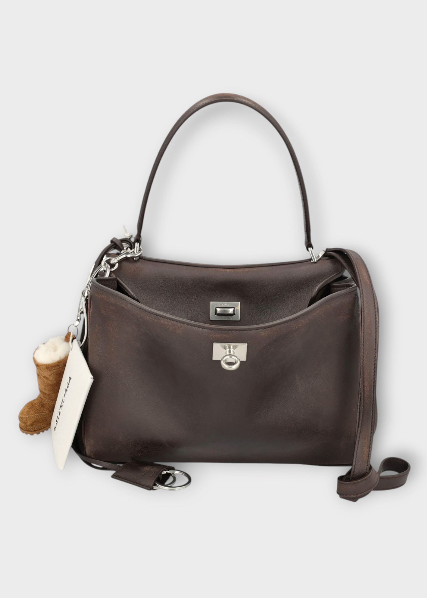 Balenciaga Balenciaga Bag, Brown, Rodeo Small Calf Leather Top Handle Bag In Espresso w/ Detachable Strap & Keyring