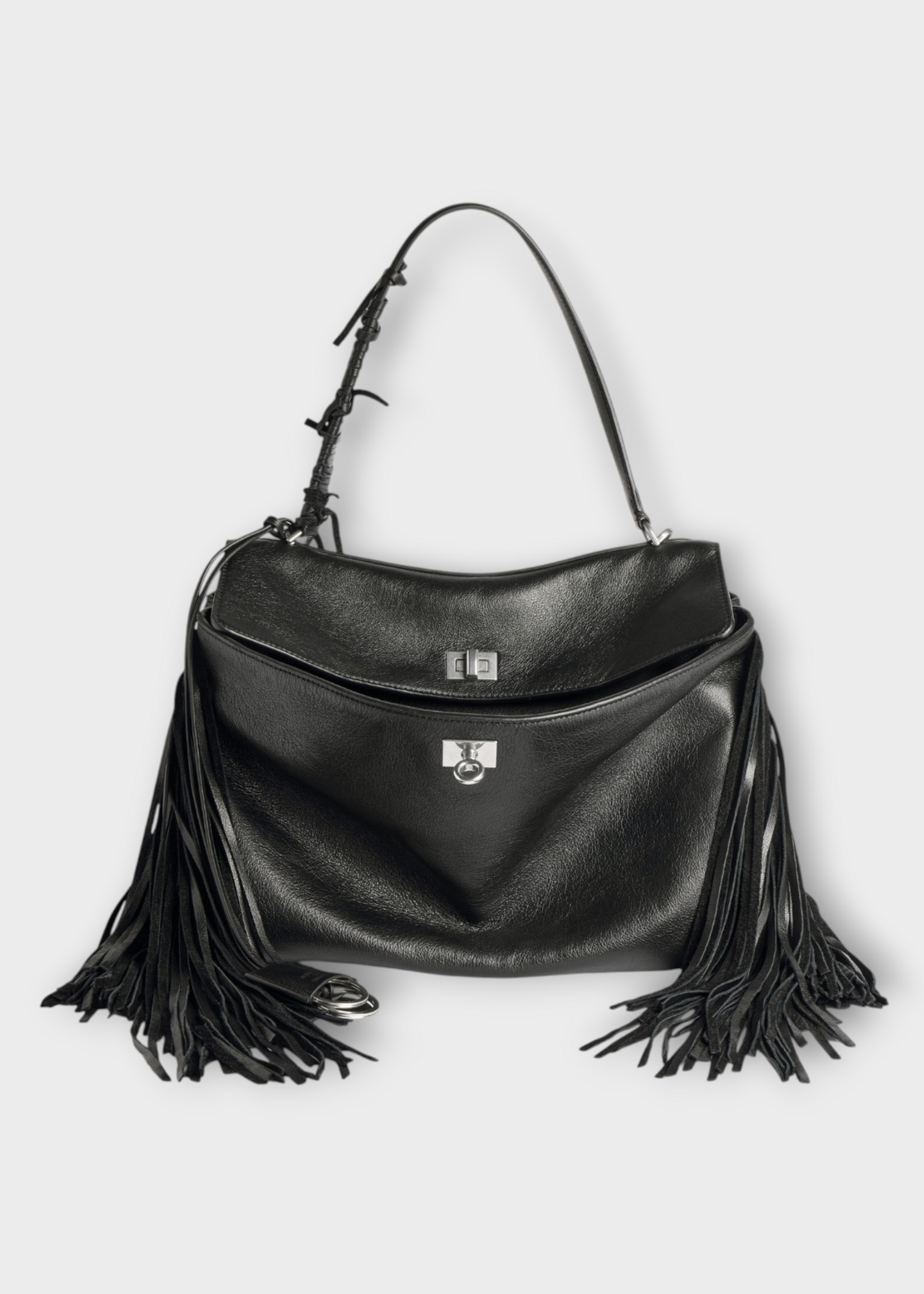 Balenciaga Balenciaga Bag, Black, Rodeo Medium Smooth Calfskin Bag in Black w/ Detachable Keyring & Fringes