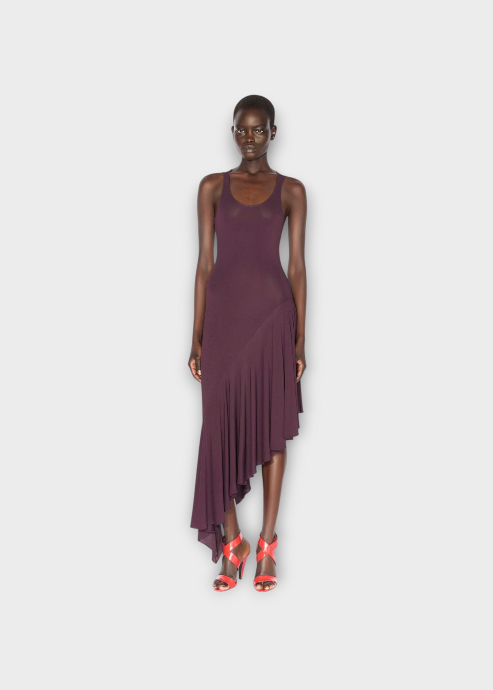 Alaia Alaia Dress, Red, Sleeveless Asymmetric Fluid Dress in Burgundy