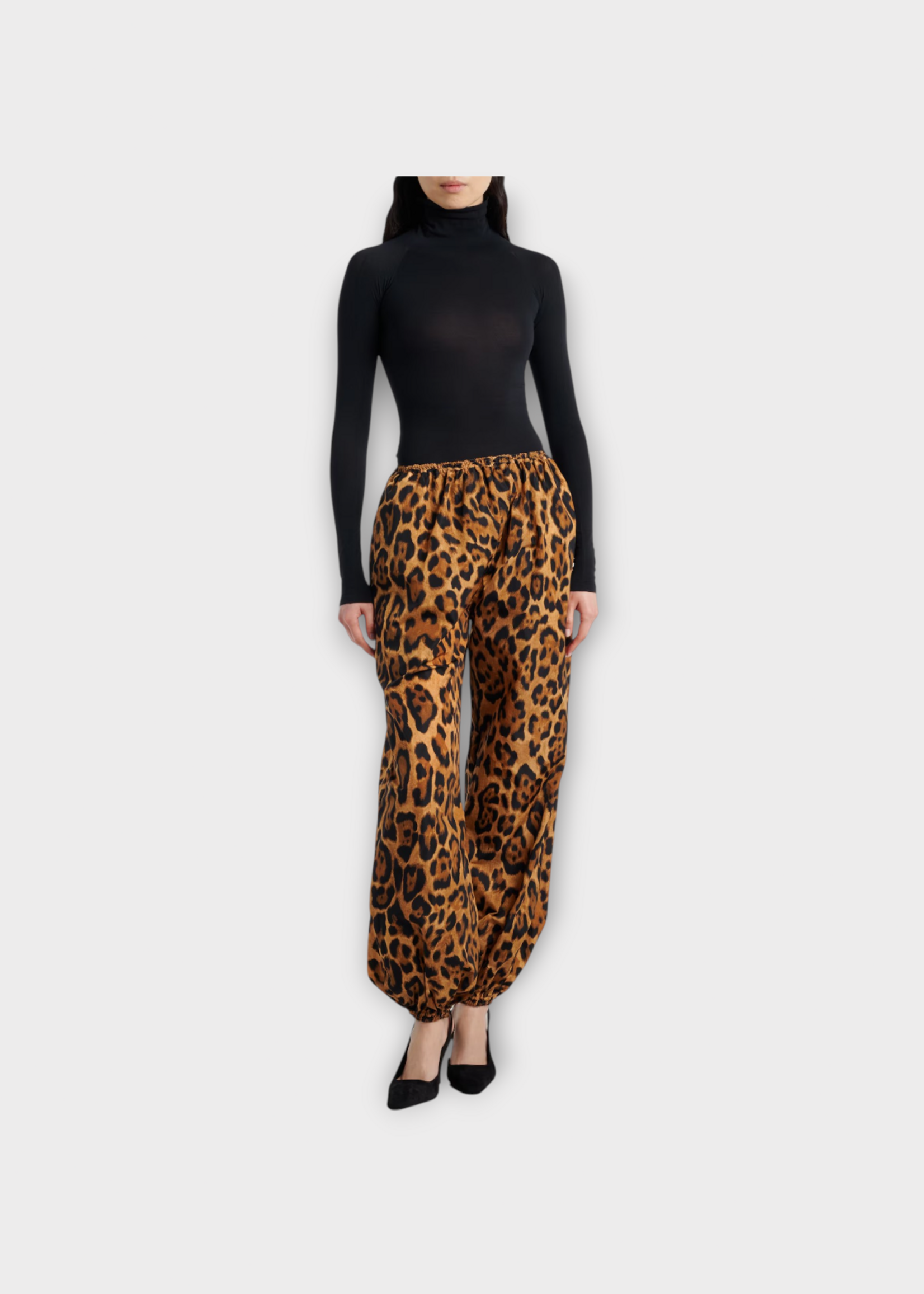 Alaia Alaia Trousers, Print, Low Waist Balloon Pants in Black & Caramel w/ Leopard Print