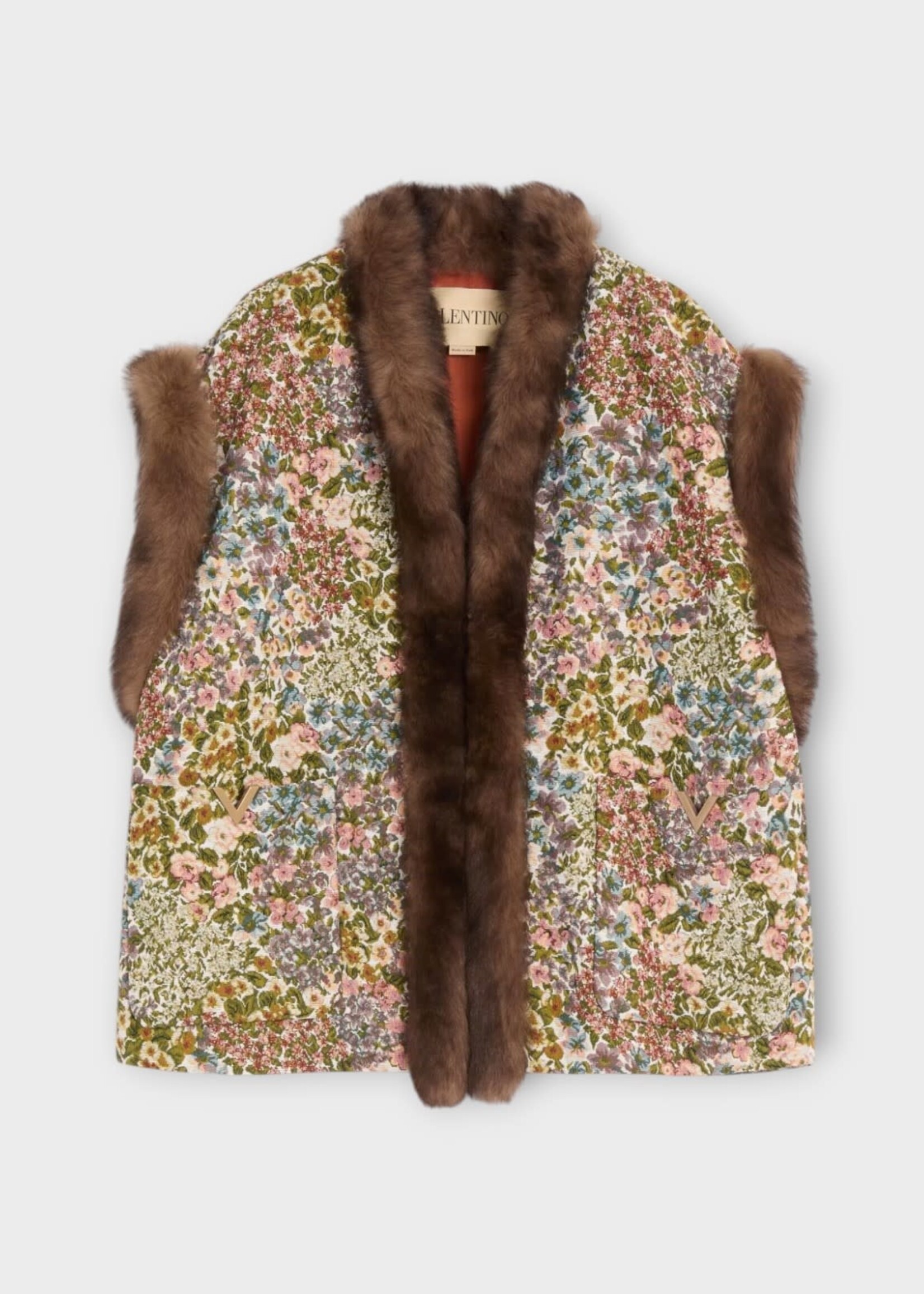 Valentino Valentino Jacket, Multi, Gilet Mossi Gobelin Apres L'Hiver In Burro & Multicolour w/ Inside Fur & All Over Flowers
