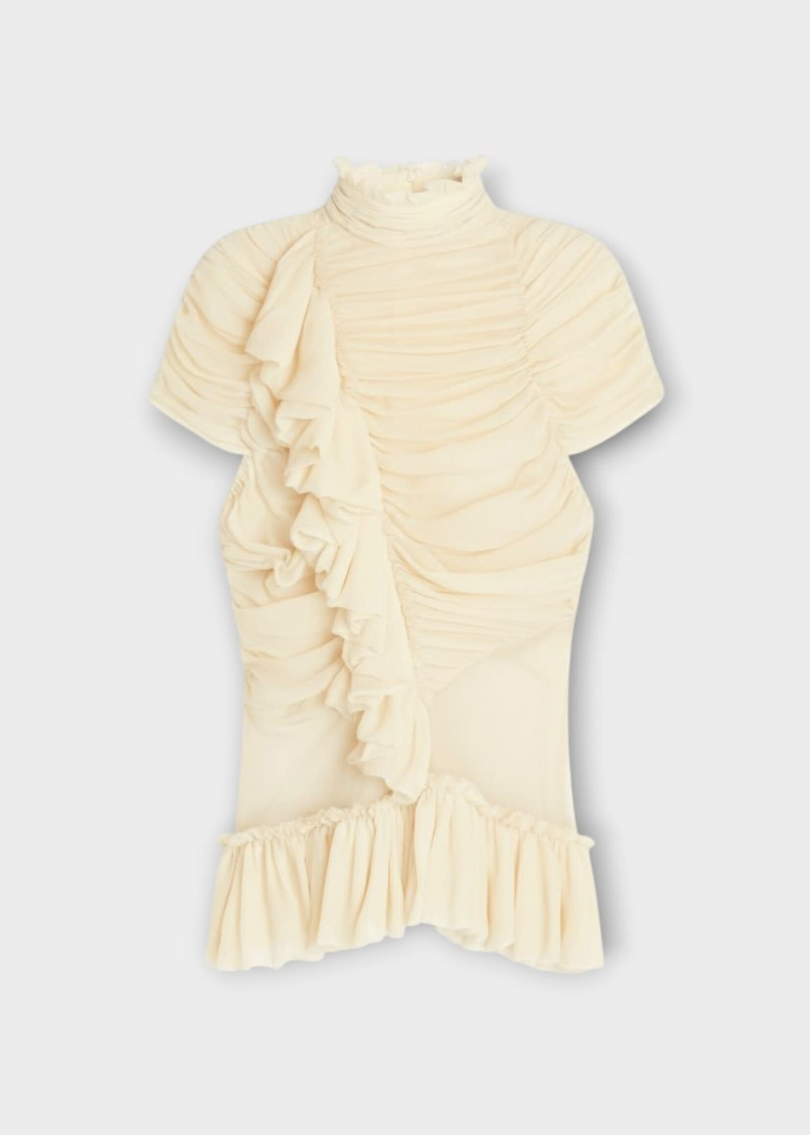 Dries Van Noten Dries Van Noten Top, White, Chuchu Silk High Neck Ruffled Top In Ivory