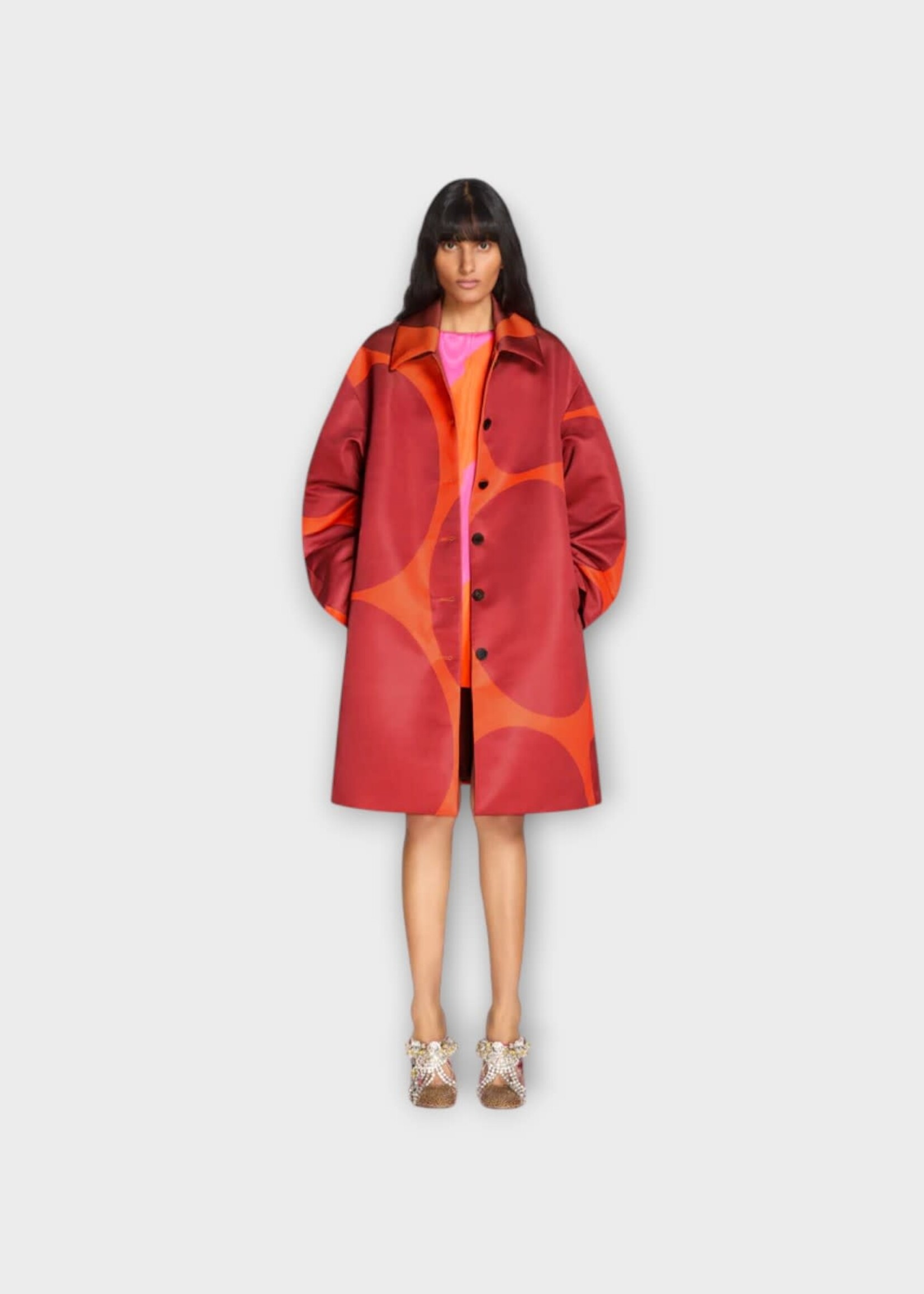 Dries Van Noten Dries Van Noten Coat, Print, Rondero Duchess Satin A-Line Coat In Orange w/ Giant Eggs Print