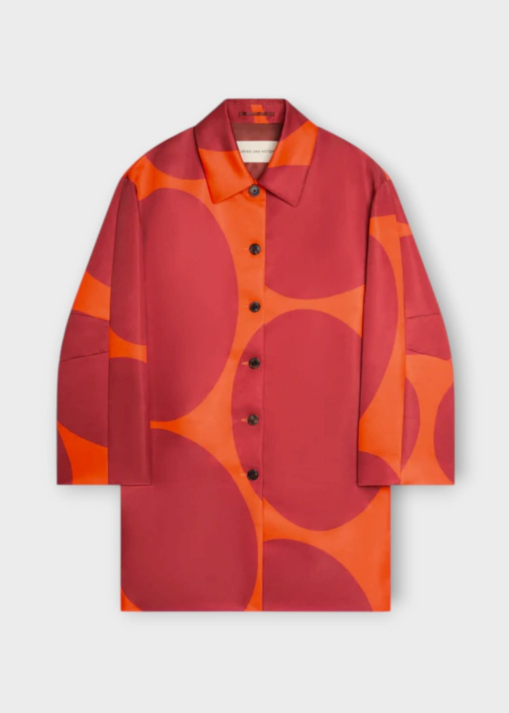 Dries Van Noten Dries Van Noten Coat, Print, Rondero Duchess Satin A-Line Coat In Orange w/ Giant Eggs Print