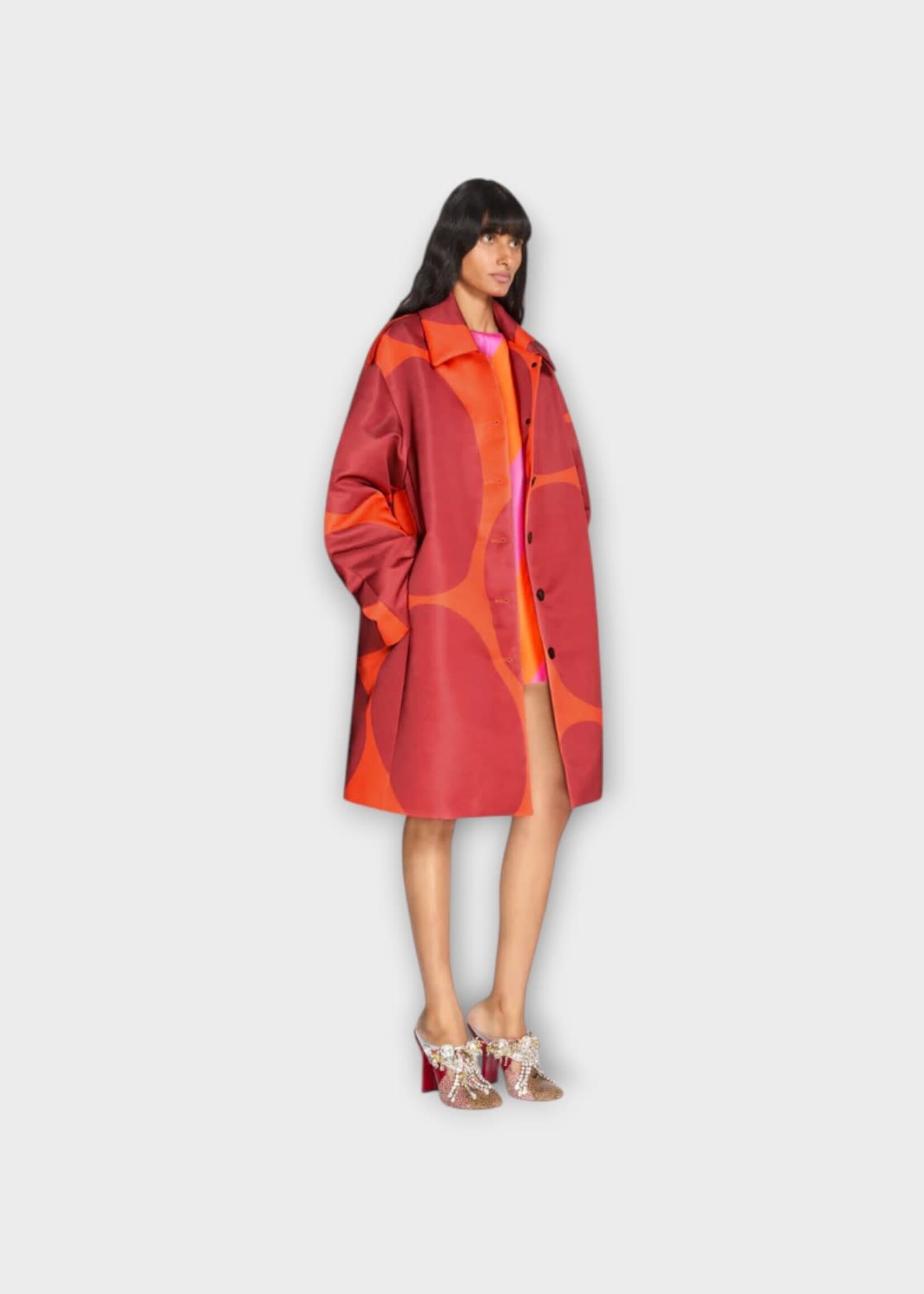 Dries Van Noten Dries Van Noten Coat, Print, Rondero Duchess Satin A-Line Coat In Orange w/ Giant Eggs Print