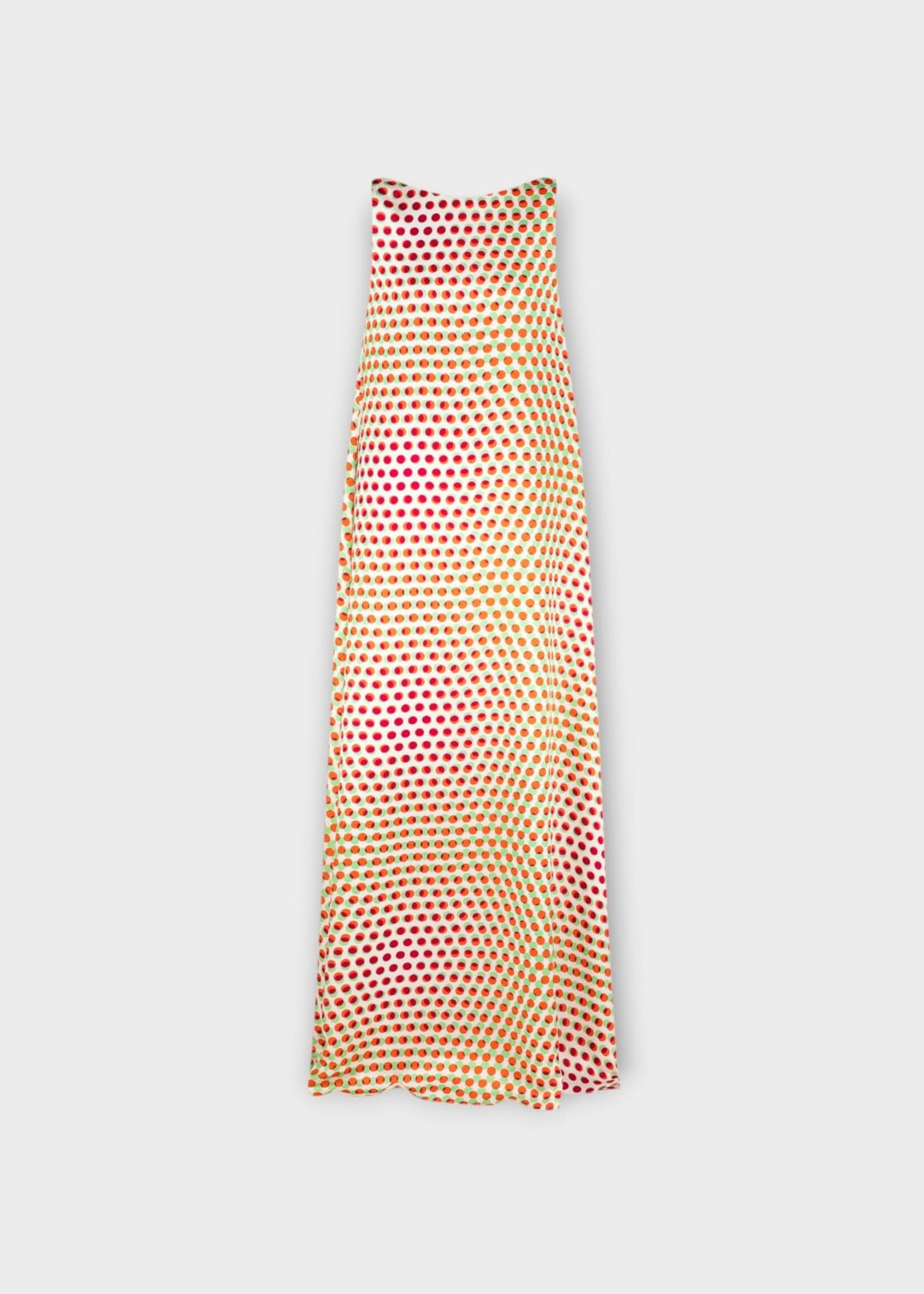 Dries Van Noten Dries Van Noten Dress, Print, Draz Silk Satin Sleeveless Midi Dress In Ecru w/ Optical Layered Polka Dot Print