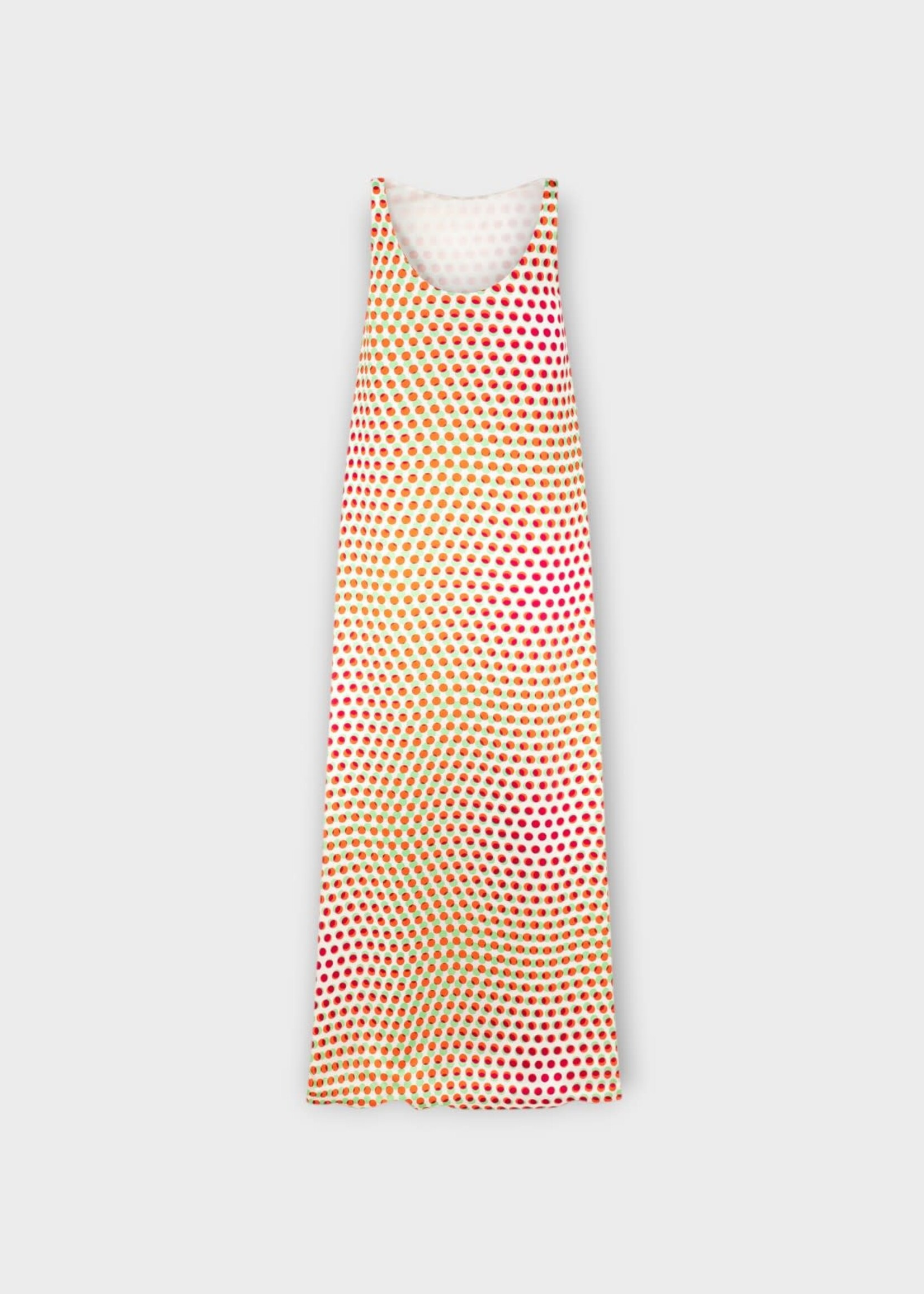 Dries Van Noten Dries Van Noten Dress, Print, Draz Silk Satin Sleeveless Midi Dress In Ecru w/ Optical Layered Polka Dot Print