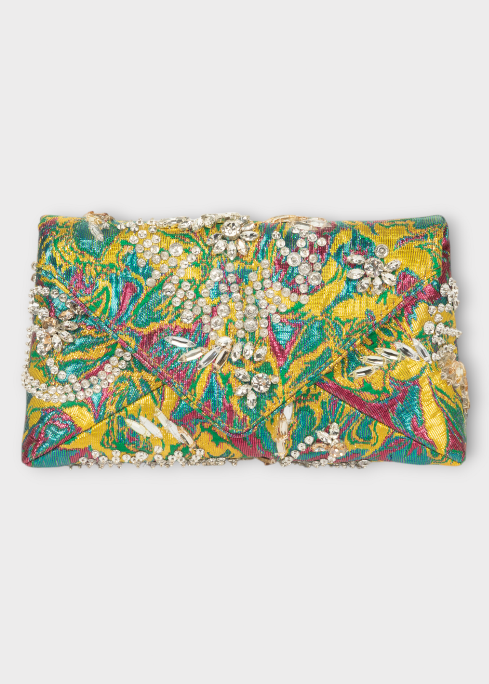 Dries Van Noten Dries Van Noten Bag, Multi, Embellished Envelope Bag in Lemon w/ Floral Jacquard Lame