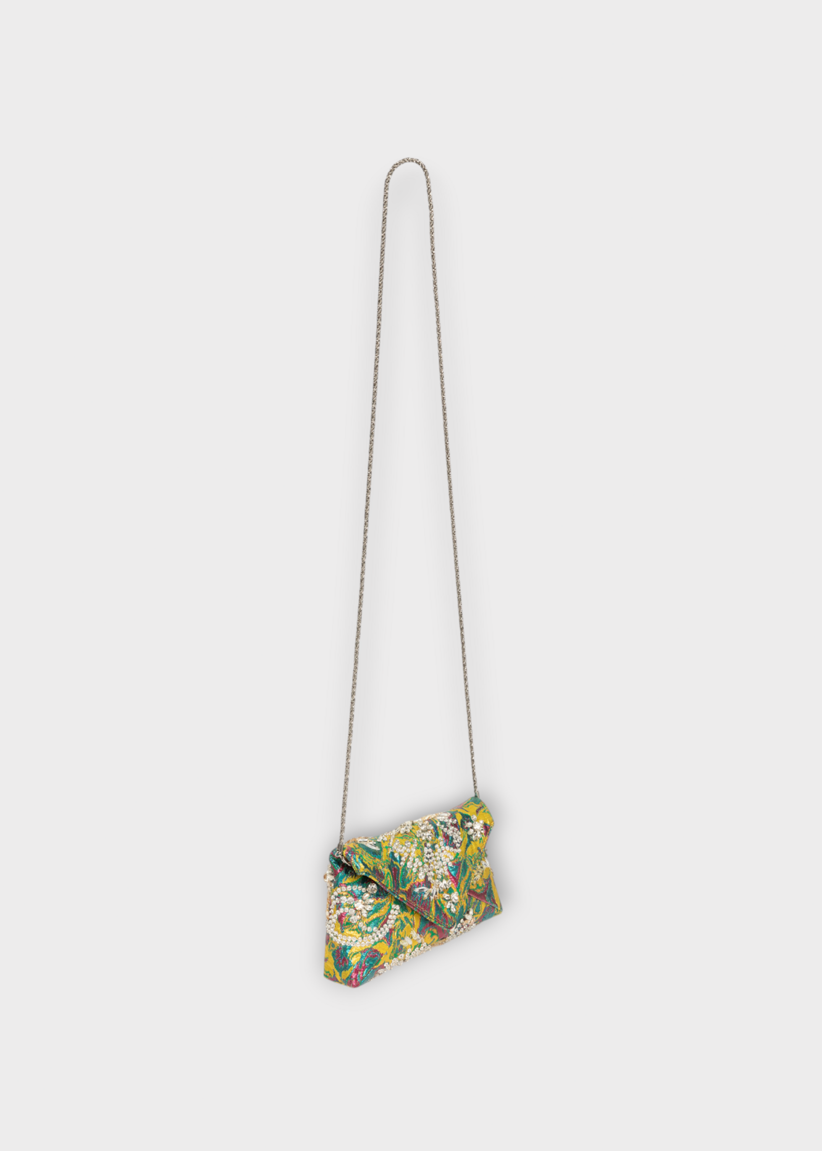 Dries Van Noten Dries Van Noten Bag, Multi, Embellished Envelope Bag in Lemon w/ Floral Jacquard Lame