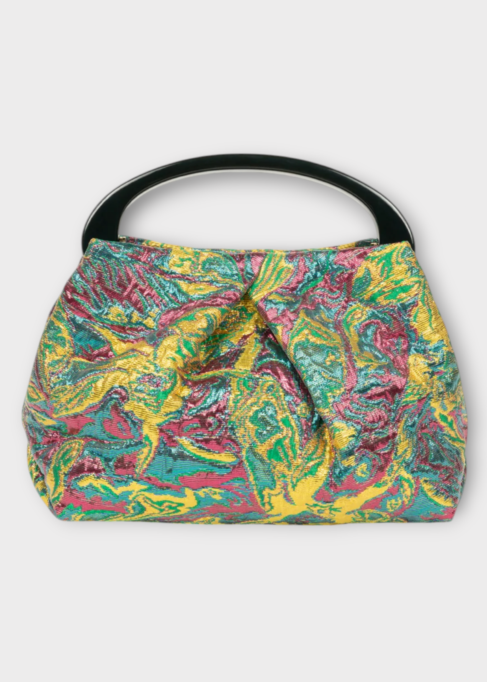 Dries Van Noten Dries Van Noten Bag, Multi, Small Pleated Hand Bag in Lemon w/ Floral Jacquard Lame