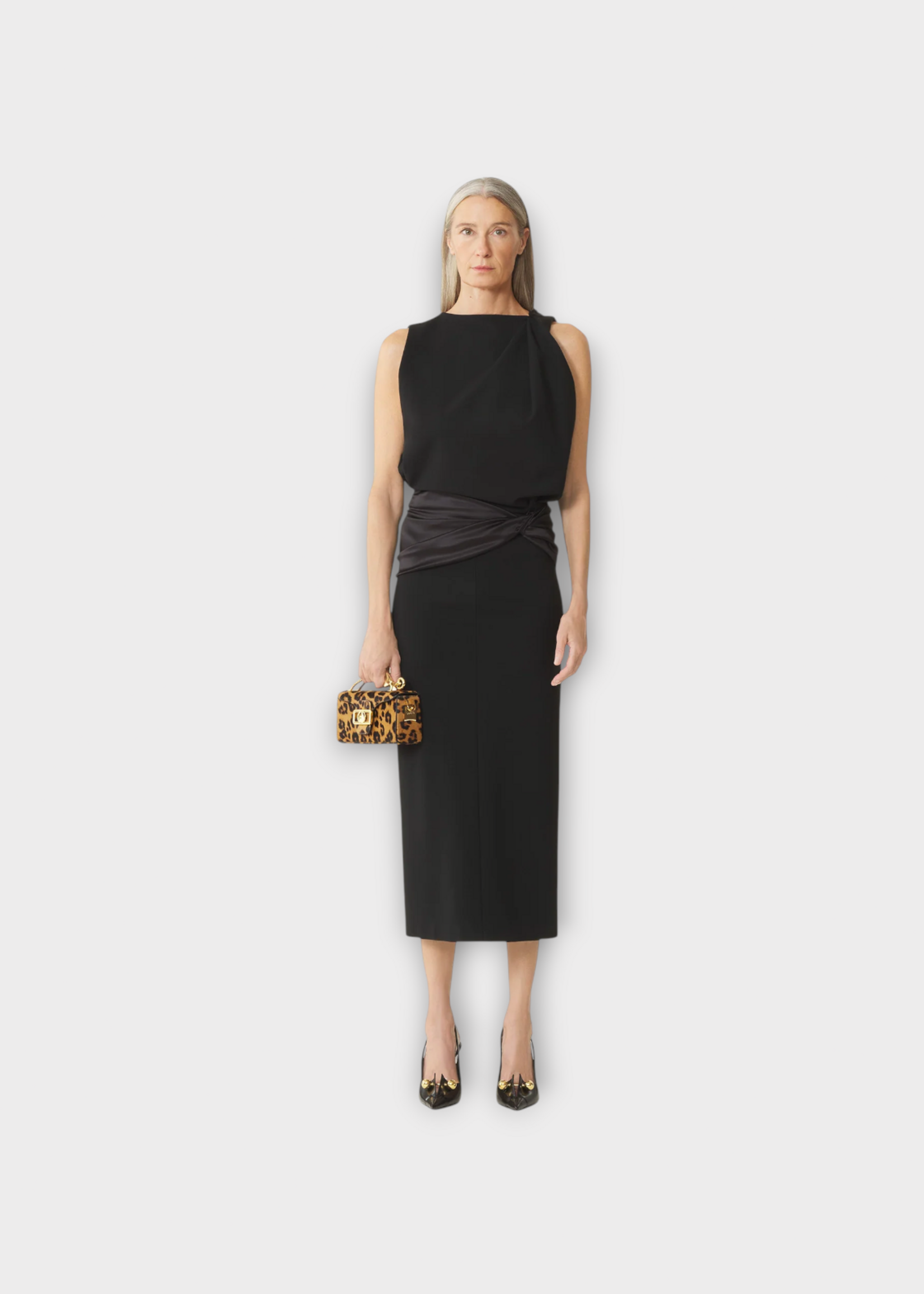 Lanvin Lanvin Dress, Black, Satin Sleeveless Belted Draped Midi Dress In Black