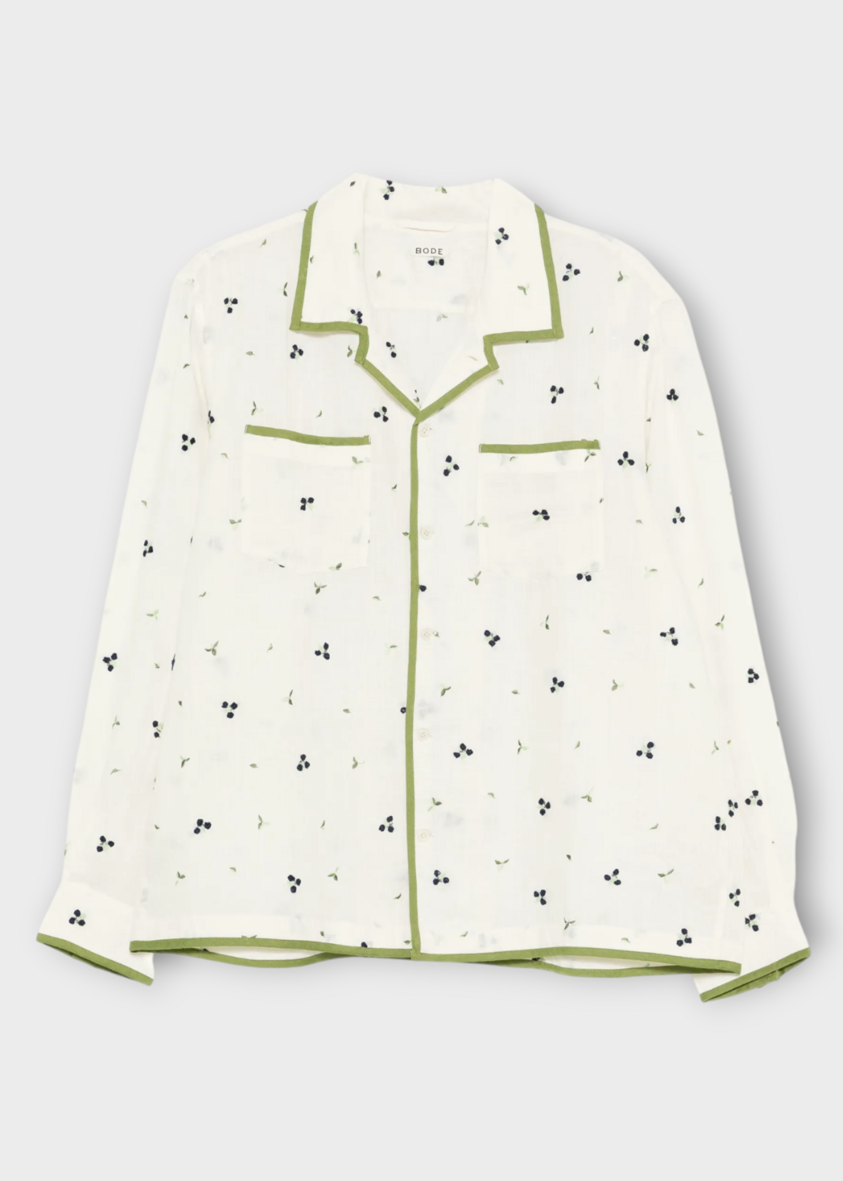 Bode Bode Shirt, White, Blackberry Patch Long Sleeve Shirt in White & Multi w/ Chest Pockets