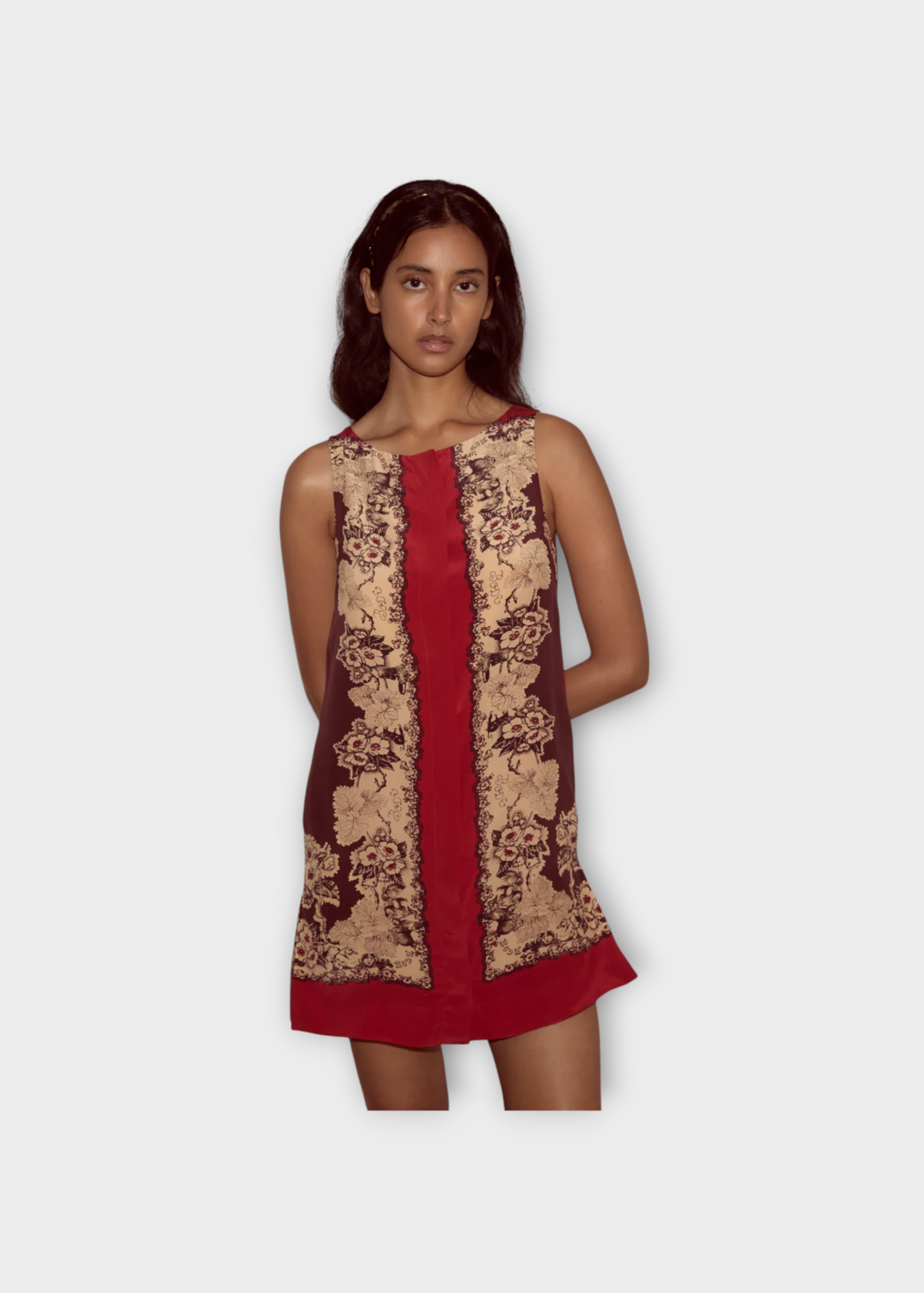 Bode Bode Dress, Print, Storybook Silk Short Dress in Red & Black w/ Victorian Pattern