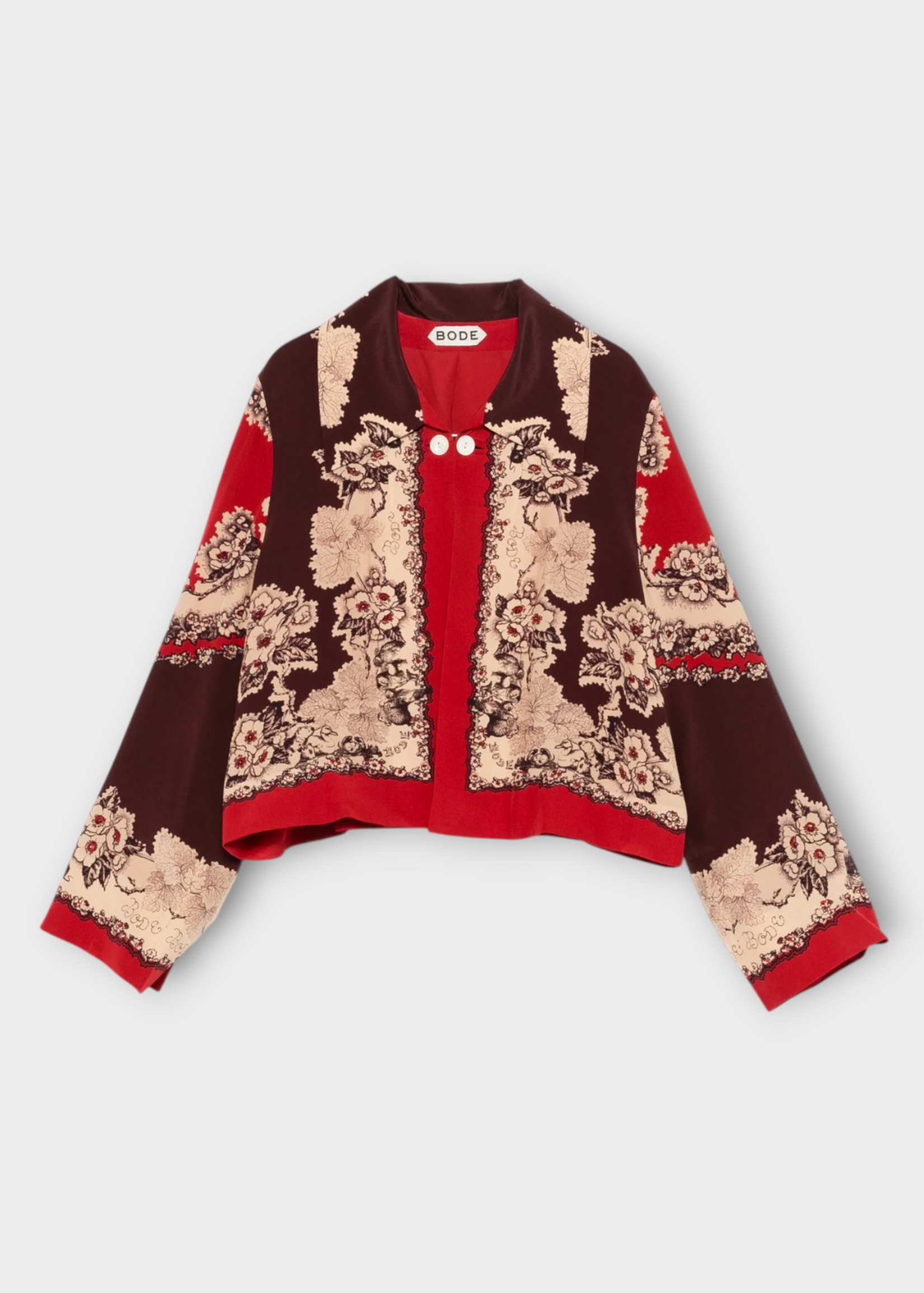 Bode Bode Jacket, Print, Storybook Silk Jacket in Red & Black w/ Victorian Pattern