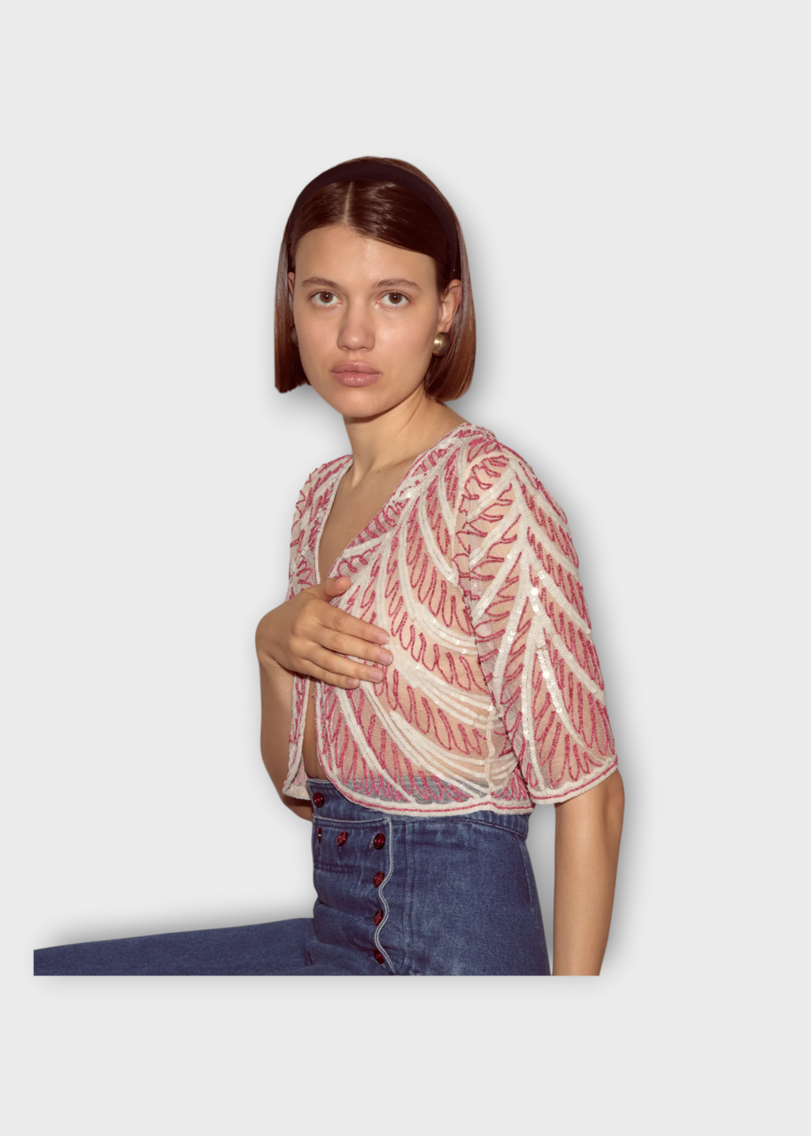 Bode Bode Top, Multi, Beaded Rita Mesh & Beads  Top in Pink & Cream