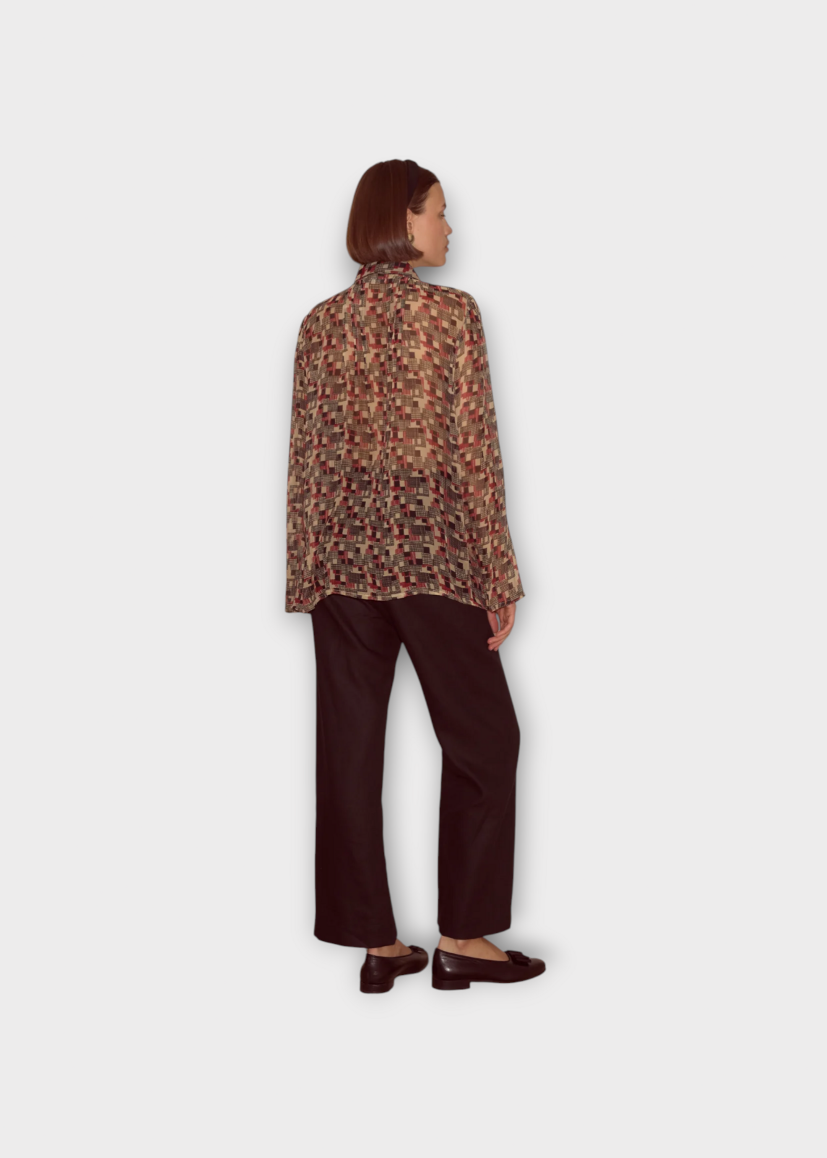 Bode Bode Shirt, Print, Quadrille Silk Blouse in Red & Black w& Geometric Pattern