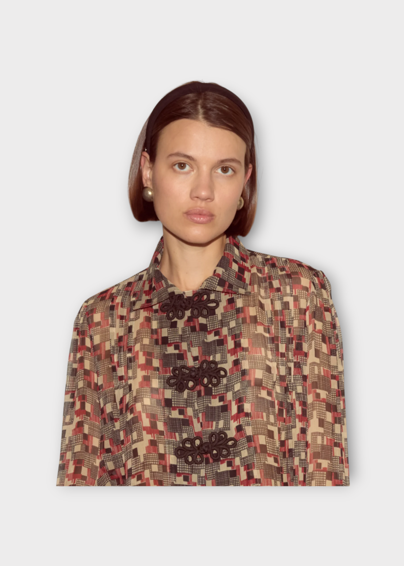 Bode Bode Shirt, Print, Quadrille Silk Blouse in Red & Black w& Geometric Pattern