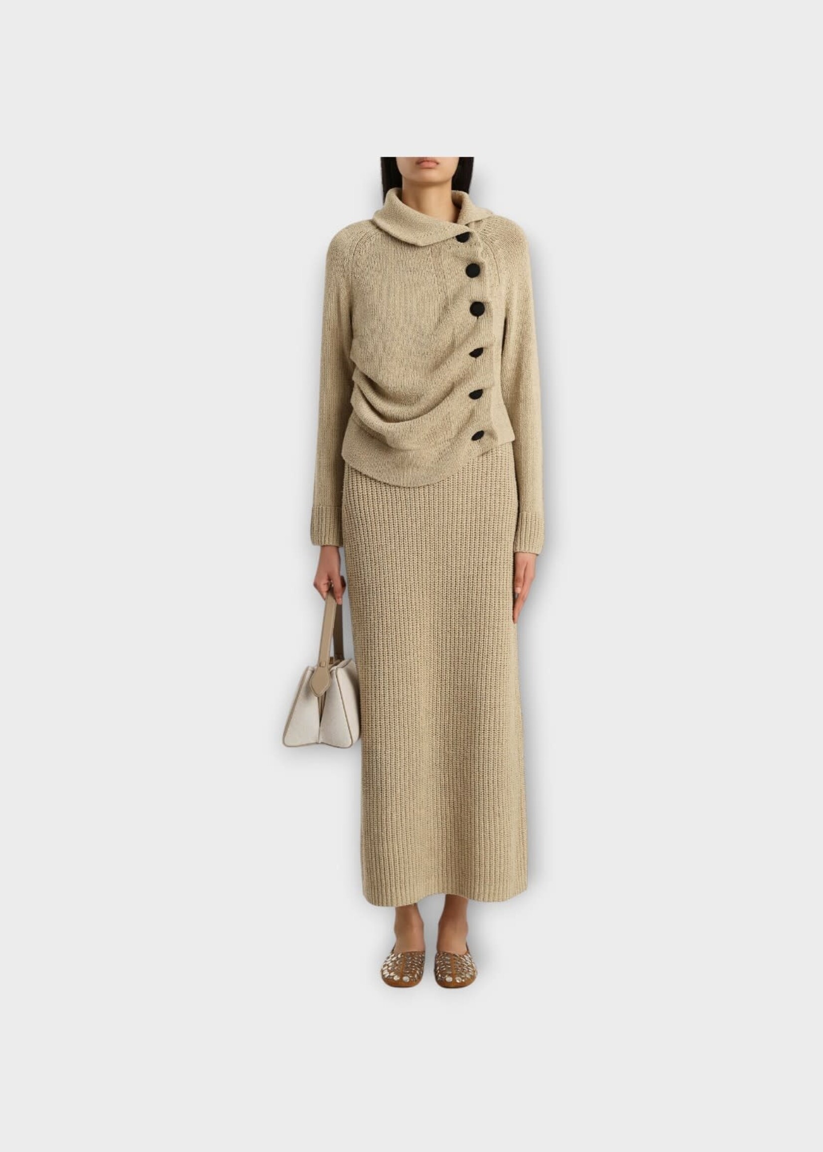 Khaite Khaite Knitwear, Beige, Lorrai Cotton & Silk Chain High Neck Buttoned Cardigan In Beige