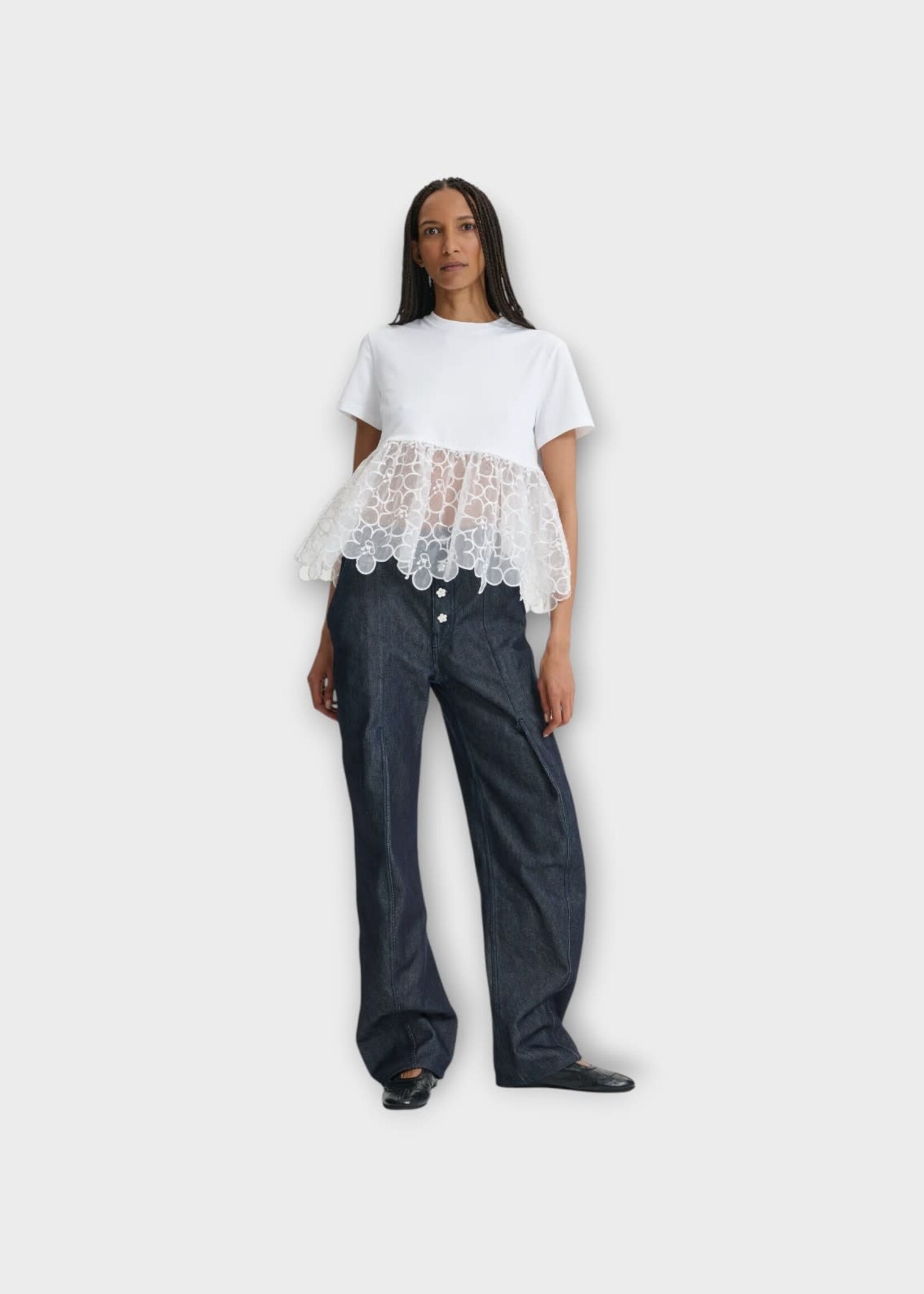 Cecilie Bahnsen Cecilie Bahnsen T-Shirt, White, Connie Jersey Short Sleeve T-Shirt w/ Embroidery