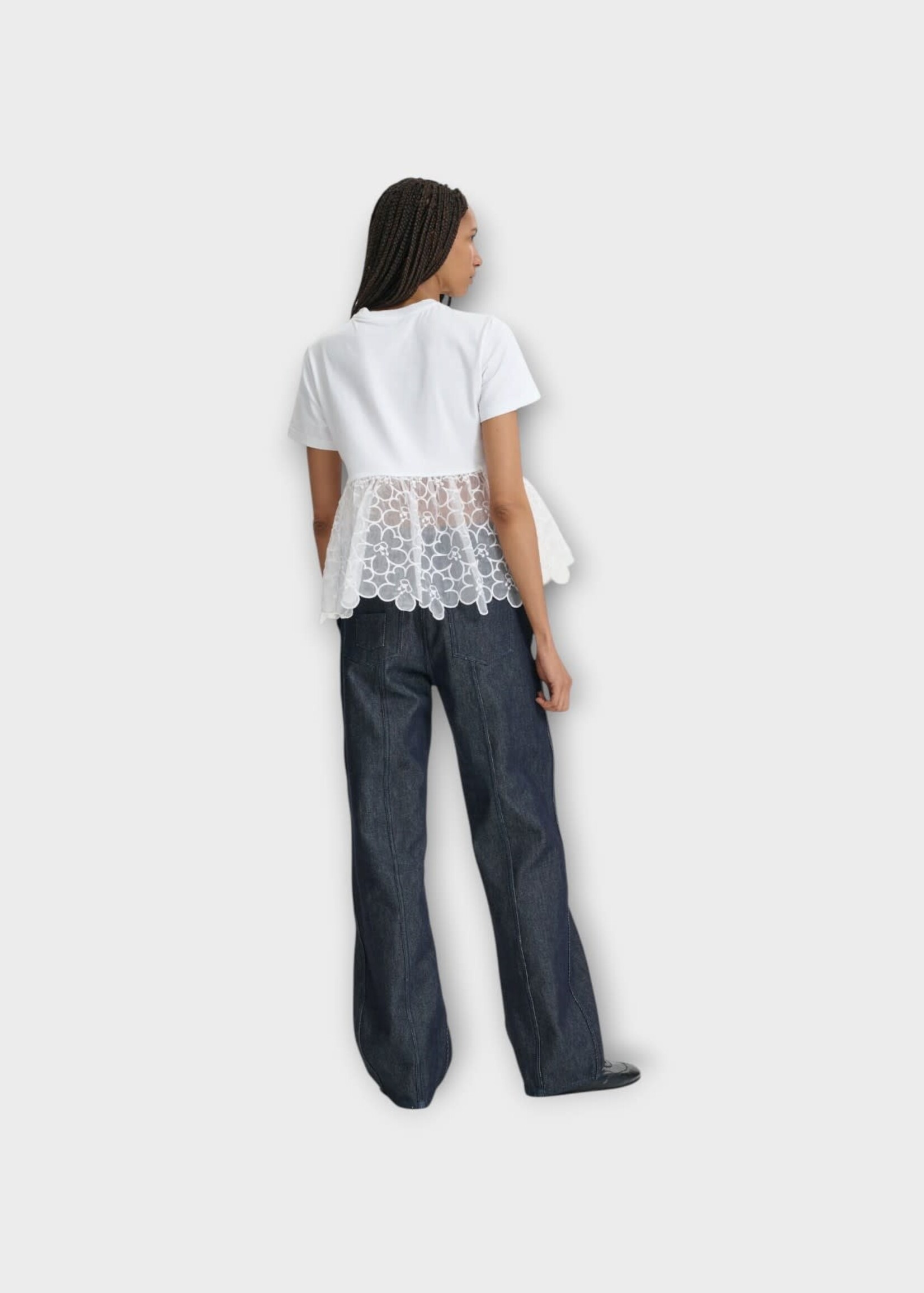 Cecilie Bahnsen Cecilie Bahnsen T-Shirt, White, Connie Jersey Short Sleeve T-Shirt w/ Embroidery