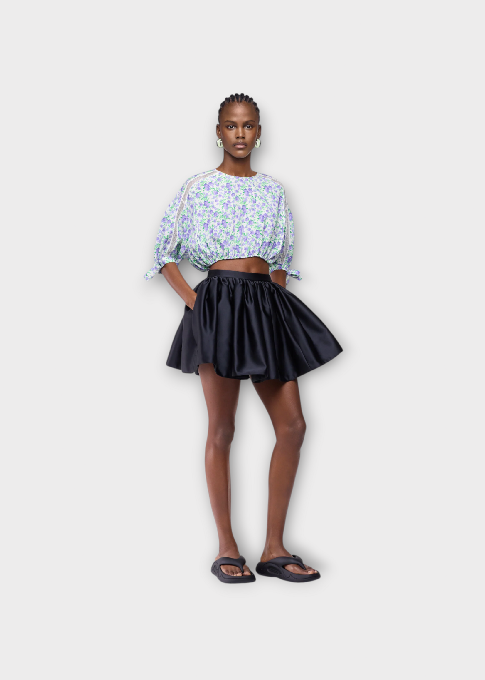 Rabanne Rabanne Top, Print, Puff Sleeve Crop Top in Purple & Green  w/ Floral Print