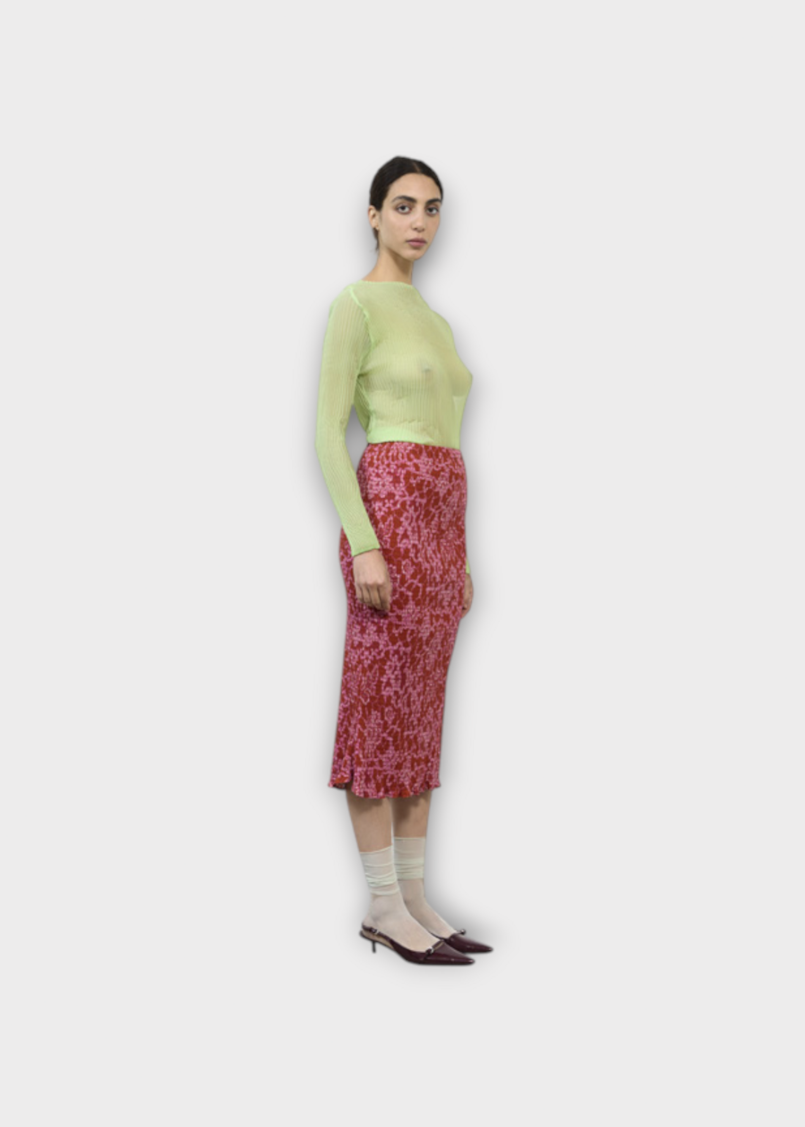 Julia Heuer Julia Heuer Skirt, Print, Finn Midi Hand Pleated Skirt in Red & Pink w/ Sansa Print