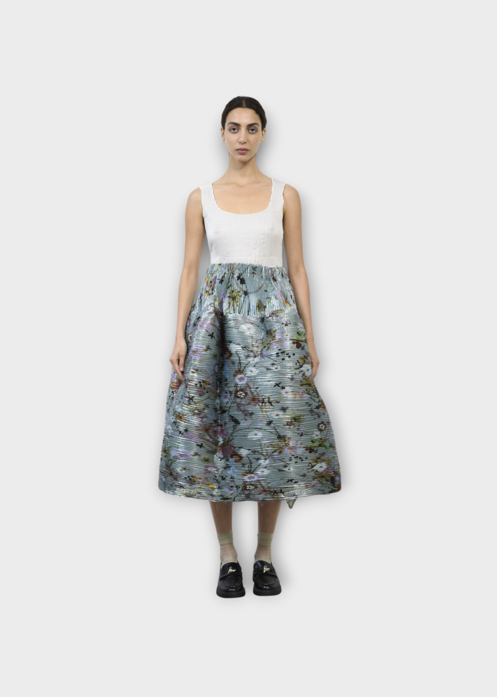 Julia Heuer Julia Heuer Skirt, Print, Kenza Voluminous Hand Pleated Midi Skirt in Metallic Grey w/ Frances Print