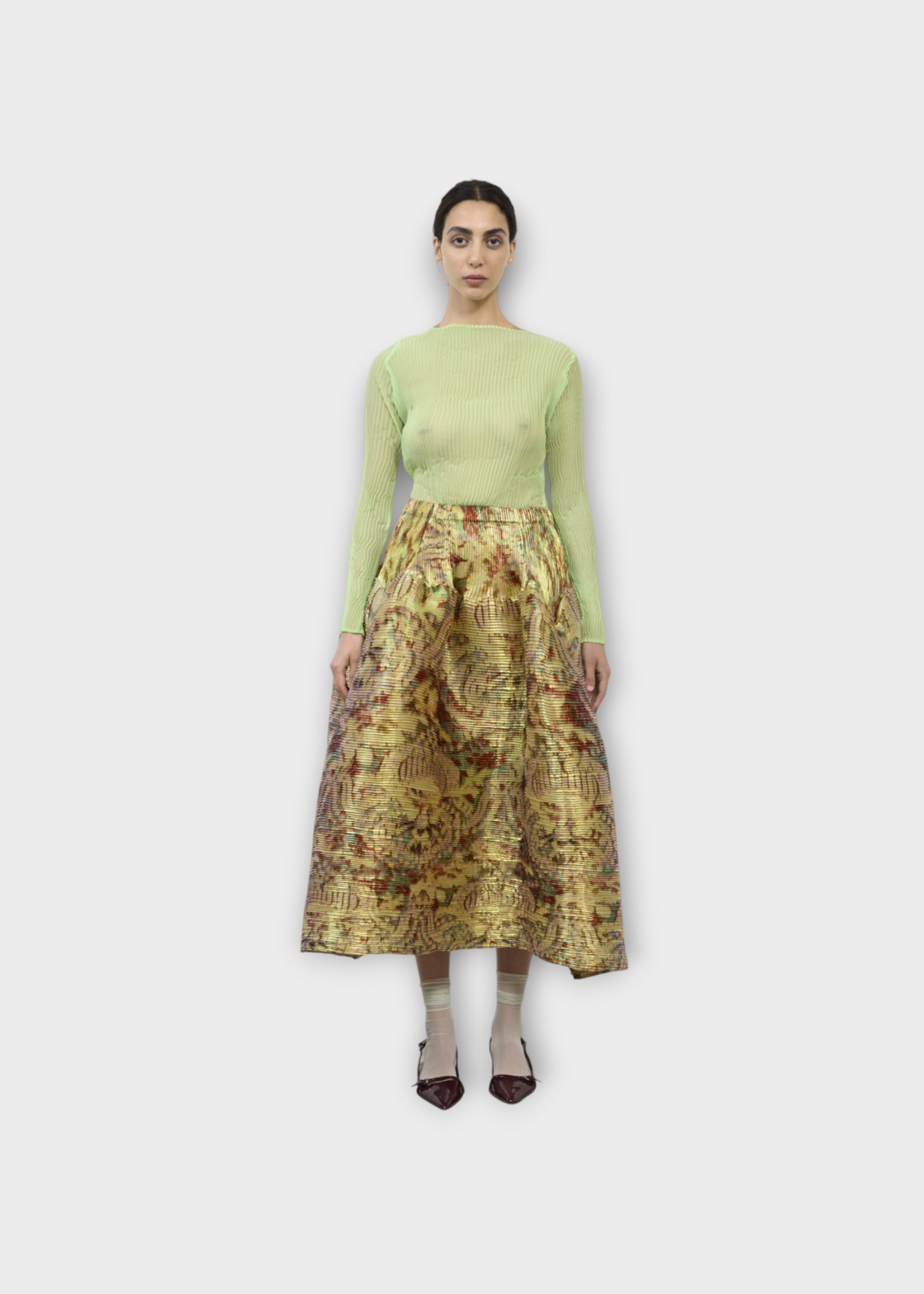 Julia Heuer Julia Heuer Skirt, Print, Kenza Voluminous Hand Pleated Midi Skirt in Gold w/ Jim Print
