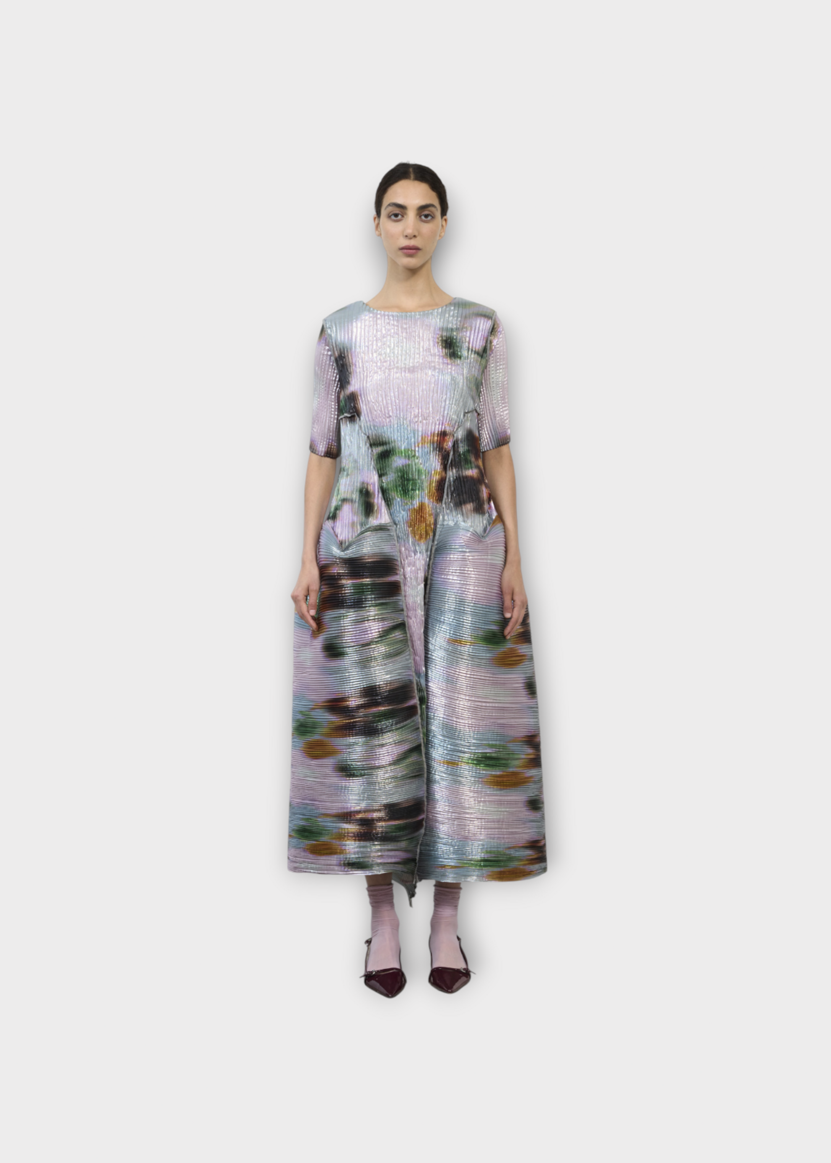 Julia Heuer Julia Heuer Dress, Print, Uma Short Sleeve Hand Pleated Voluminous Midi Dress in Metallic Grey  w/ Maris Print
