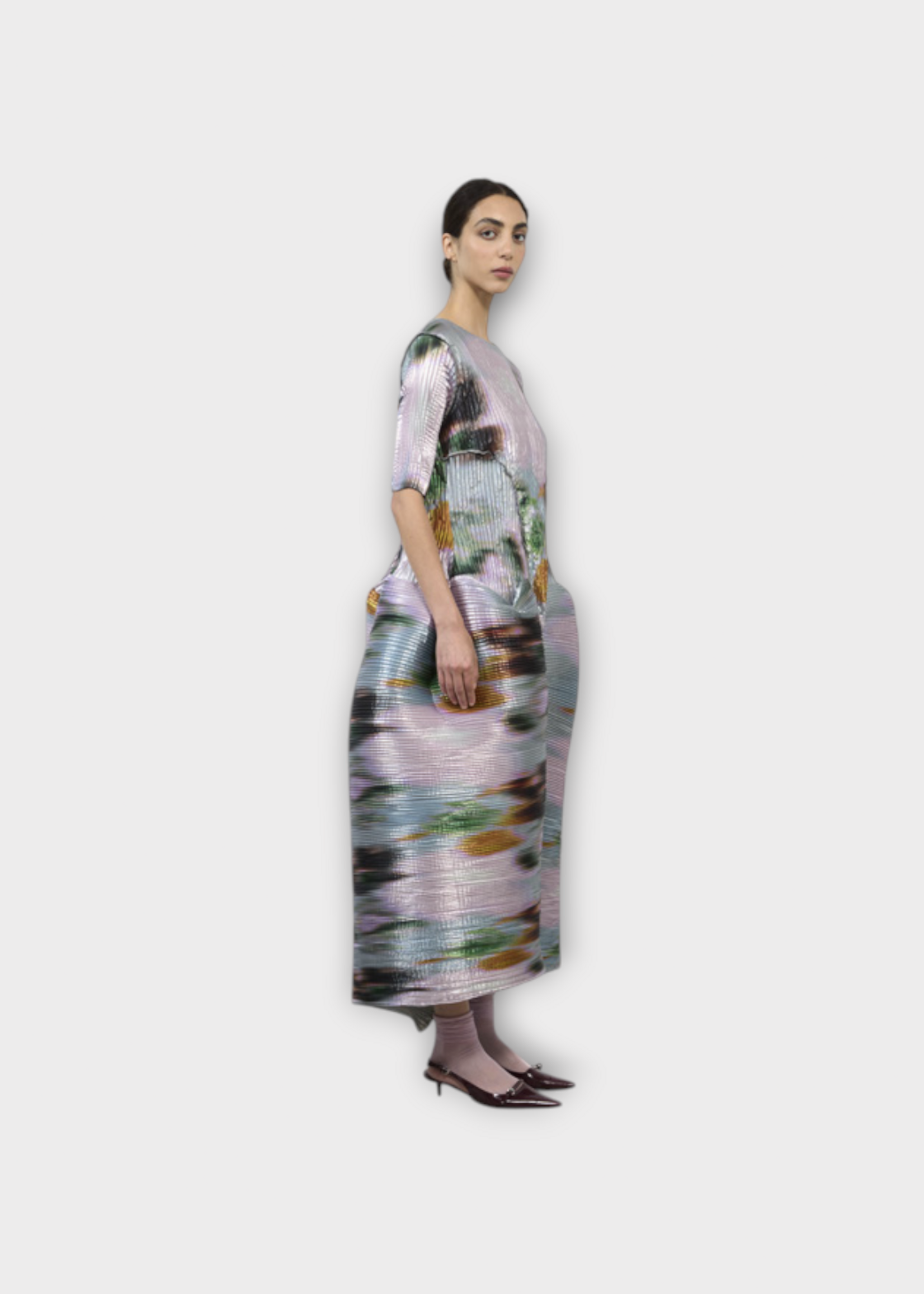 Julia Heuer Julia Heuer Dress, Print, Uma Short Sleeve Hand Pleated Voluminous Midi Dress in Metallic Grey  w/ Maris Print