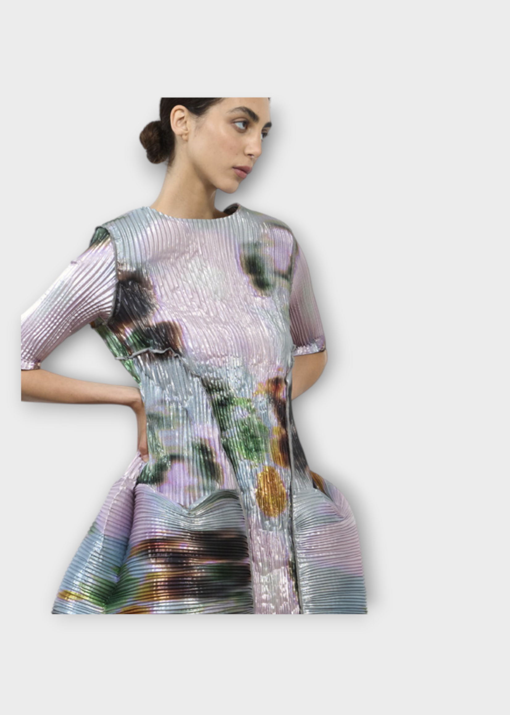 Julia Heuer Julia Heuer Dress, Print, Uma Short Sleeve Hand Pleated Voluminous Midi Dress in Metallic Grey  w/ Maris Print