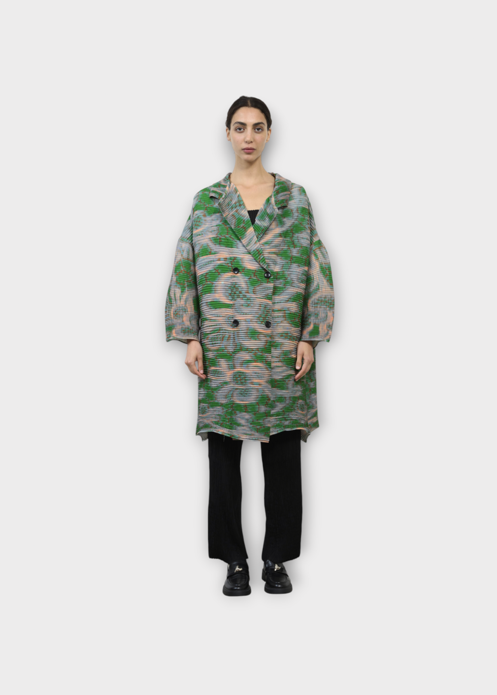 Julia Heuer Julia Heuer Coat, Print, Johan Double Breasted Hand Pleated Coat in Green w/ Gallia Print