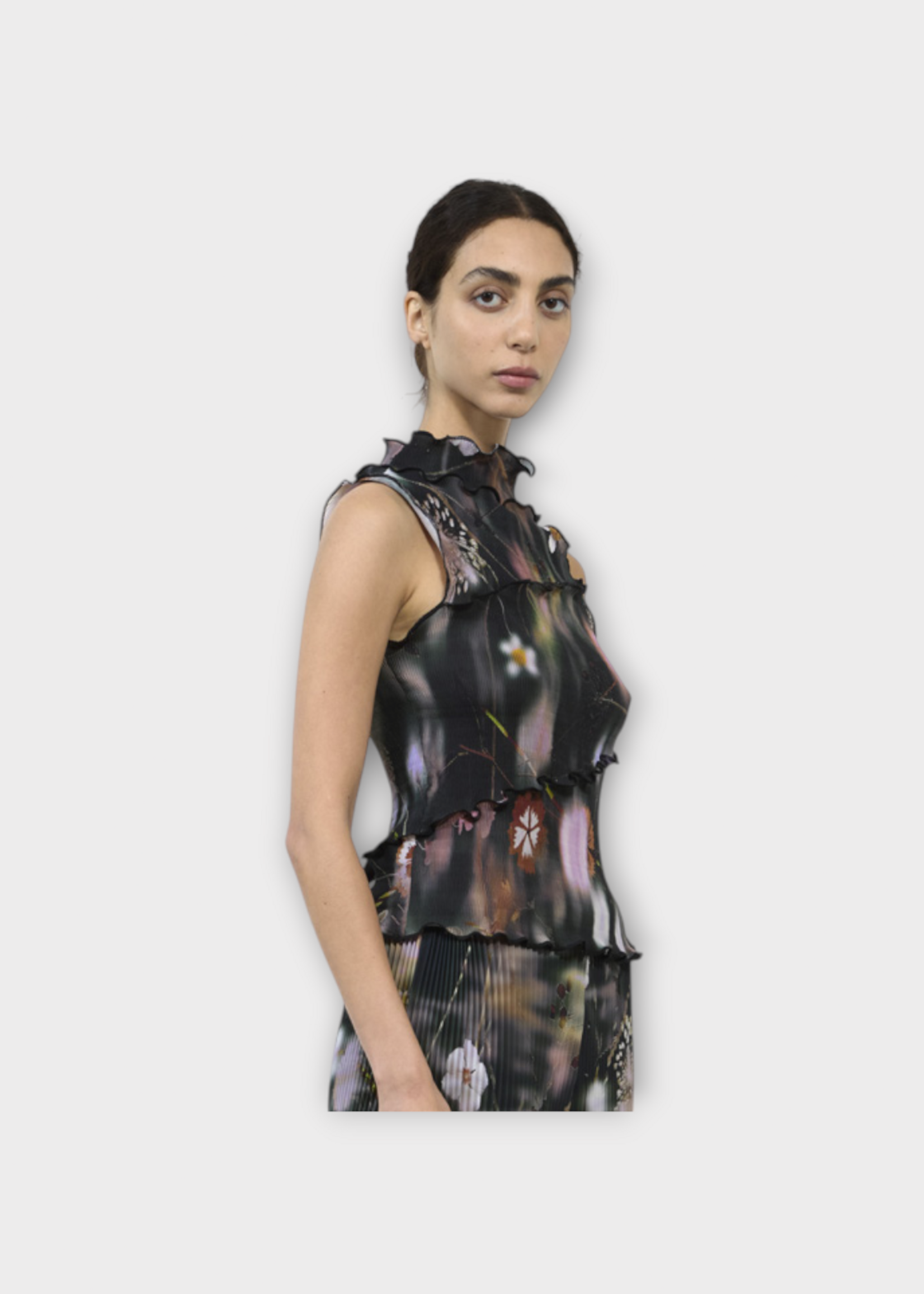 Julia Heuer Julia Heuer Top, Print, Matti Smock Sleeveless Hand Pleated Top in Black w/ Frances Print