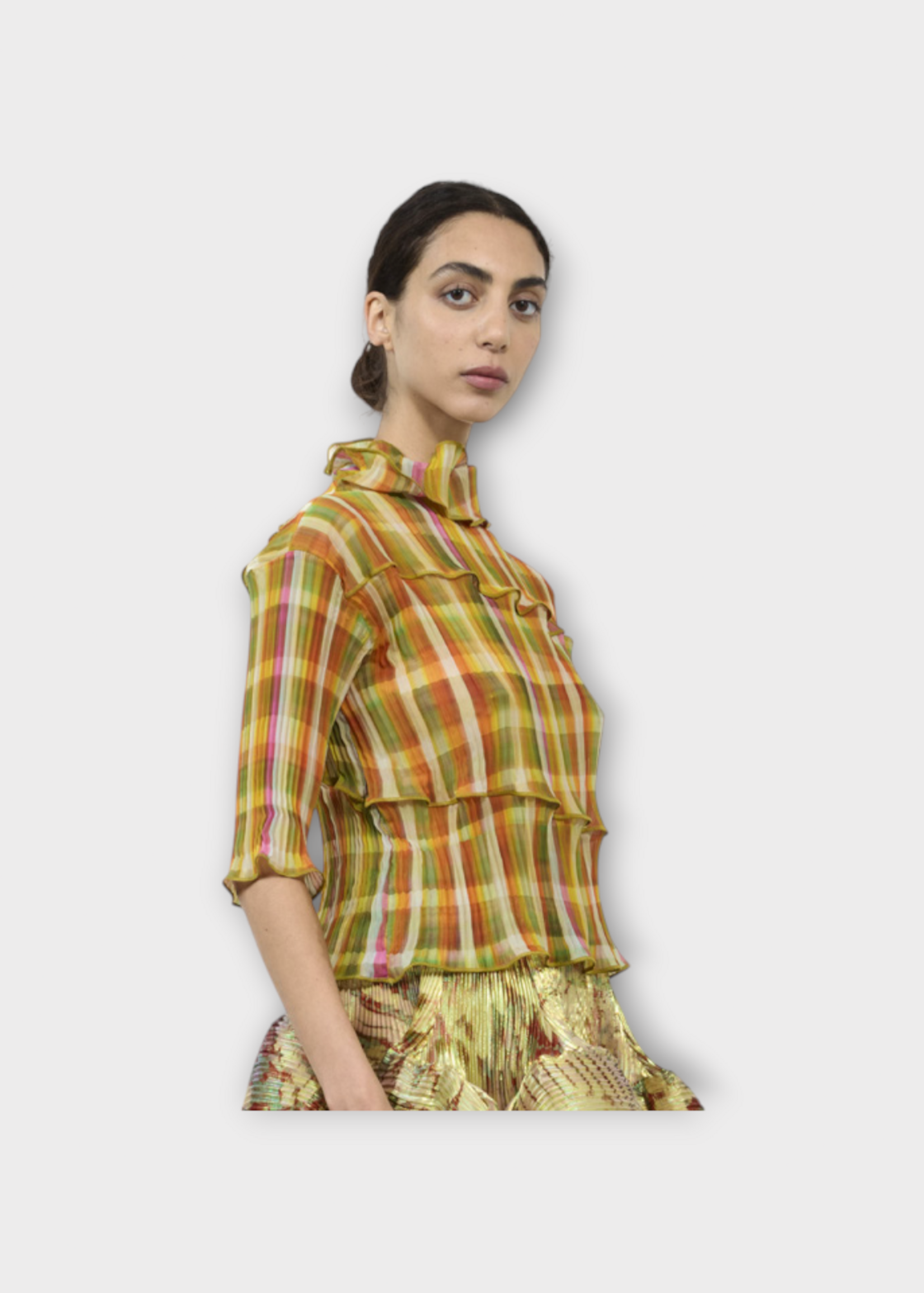 Julia Heuer Julia Heuer Top, Print, Lasse High Neck Short Sleeve Pleated Panelled Top in Orange w/ Tarek Print