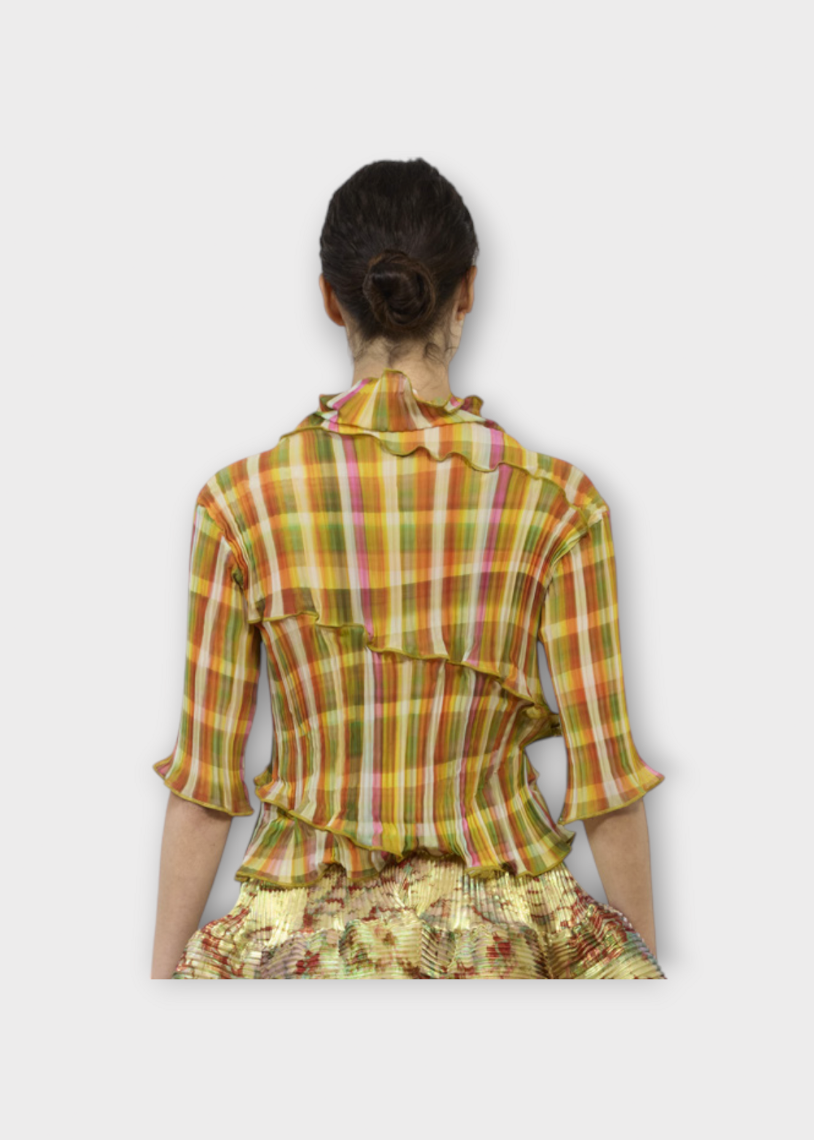 Julia Heuer Julia Heuer Top, Print, Lasse High Neck Short Sleeve Pleated Panelled Top in Orange w/ Tarek Print