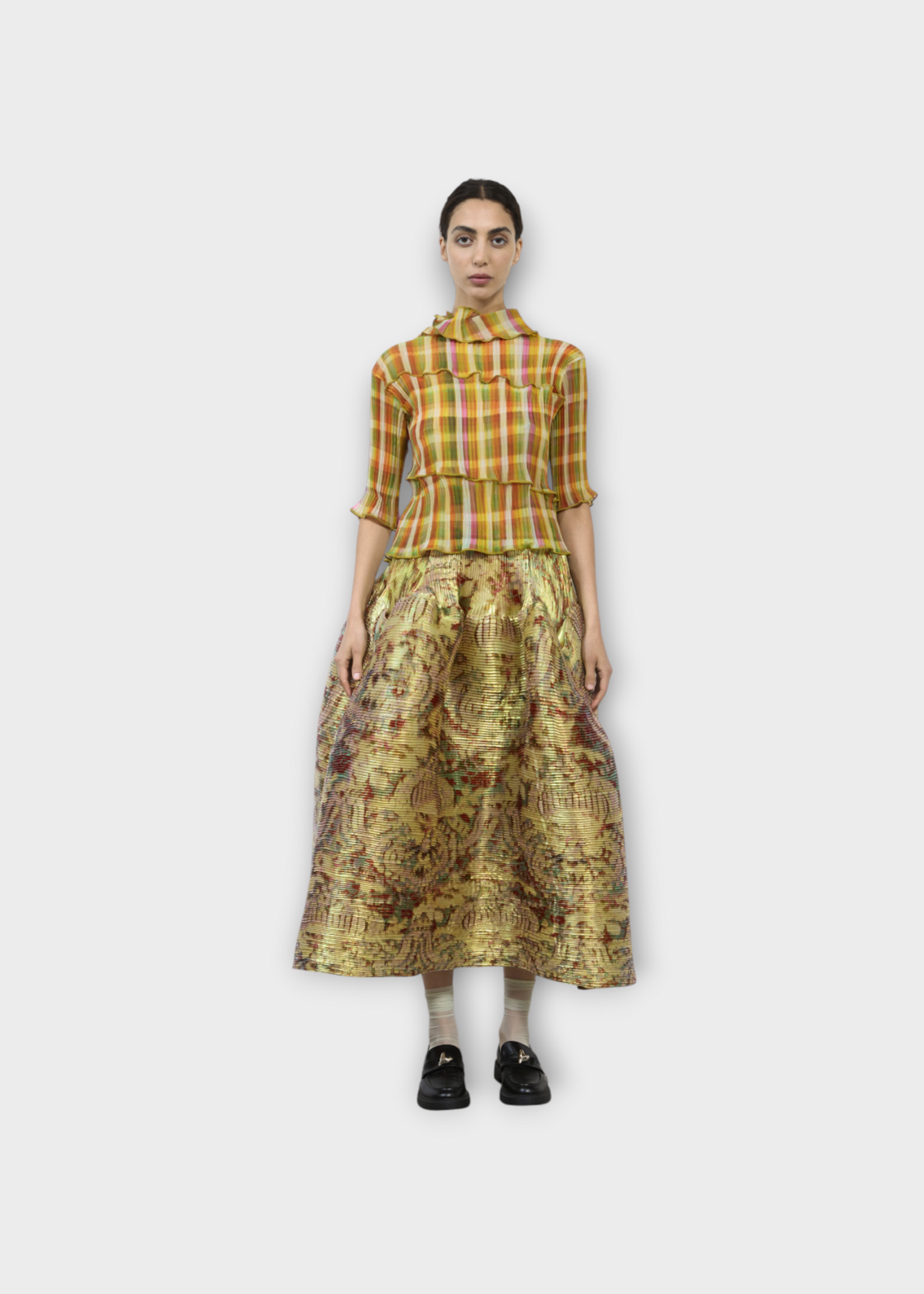 Julia Heuer Julia Heuer Top, Print, Lasse High Neck Short Sleeve Pleated Panelled Top in Orange w/ Tarek Print