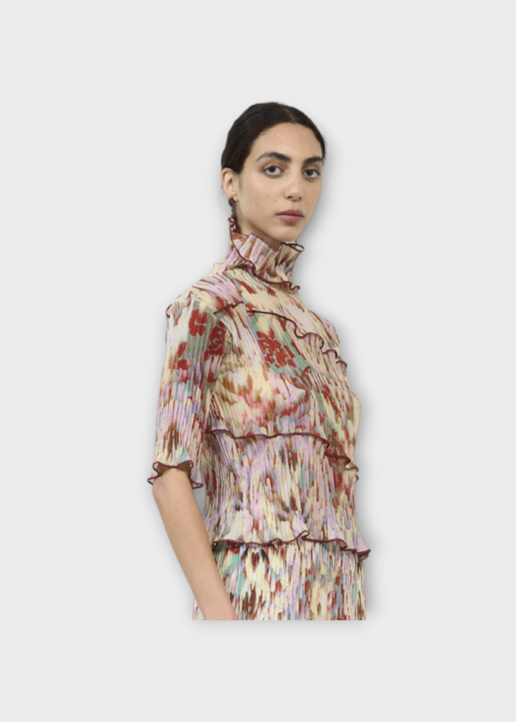 Julia Heuer Julia Heuer Top, Print, Lasse High Neck Short Sleeve Pleated Panelled Top in Multicolour  w/ Jim Print
