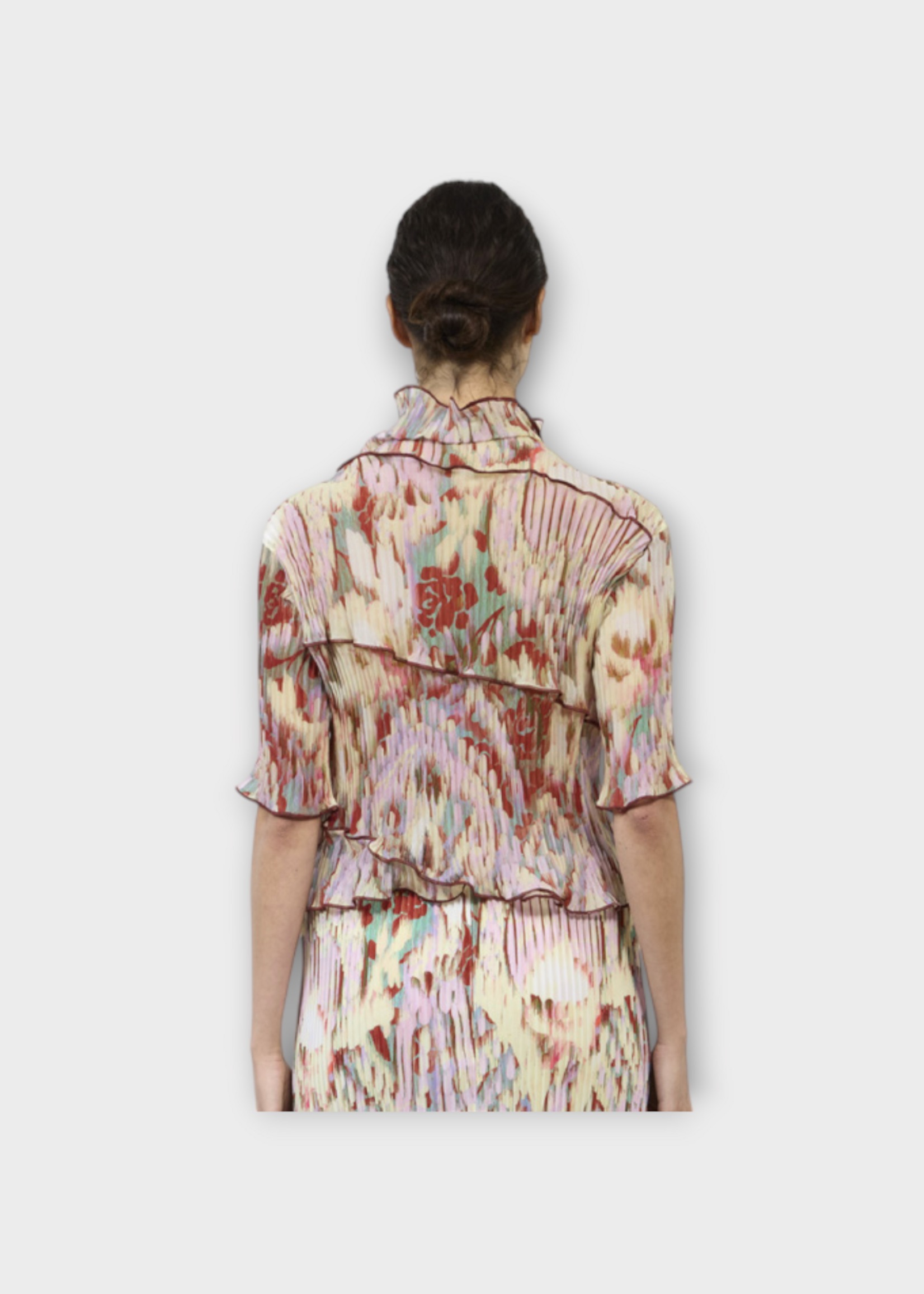 Julia Heuer Julia Heuer Top, Print, Lasse High Neck Short Sleeve Pleated Panelled Top in Multicolour  w/ Jim Print