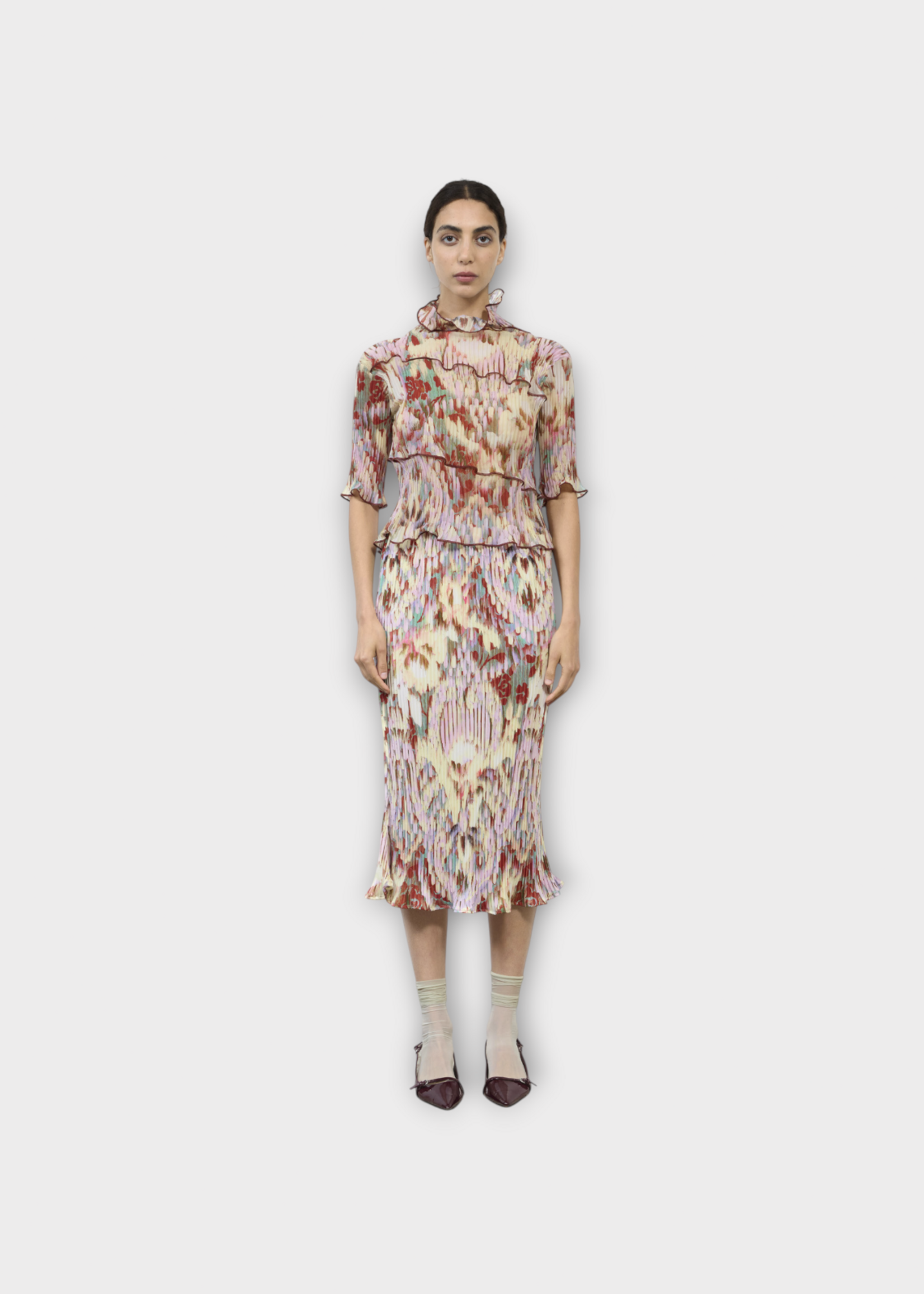 Julia Heuer Julia Heuer Top, Print, Lasse High Neck Short Sleeve Pleated Panelled Top in Multicolour  w/ Jim Print
