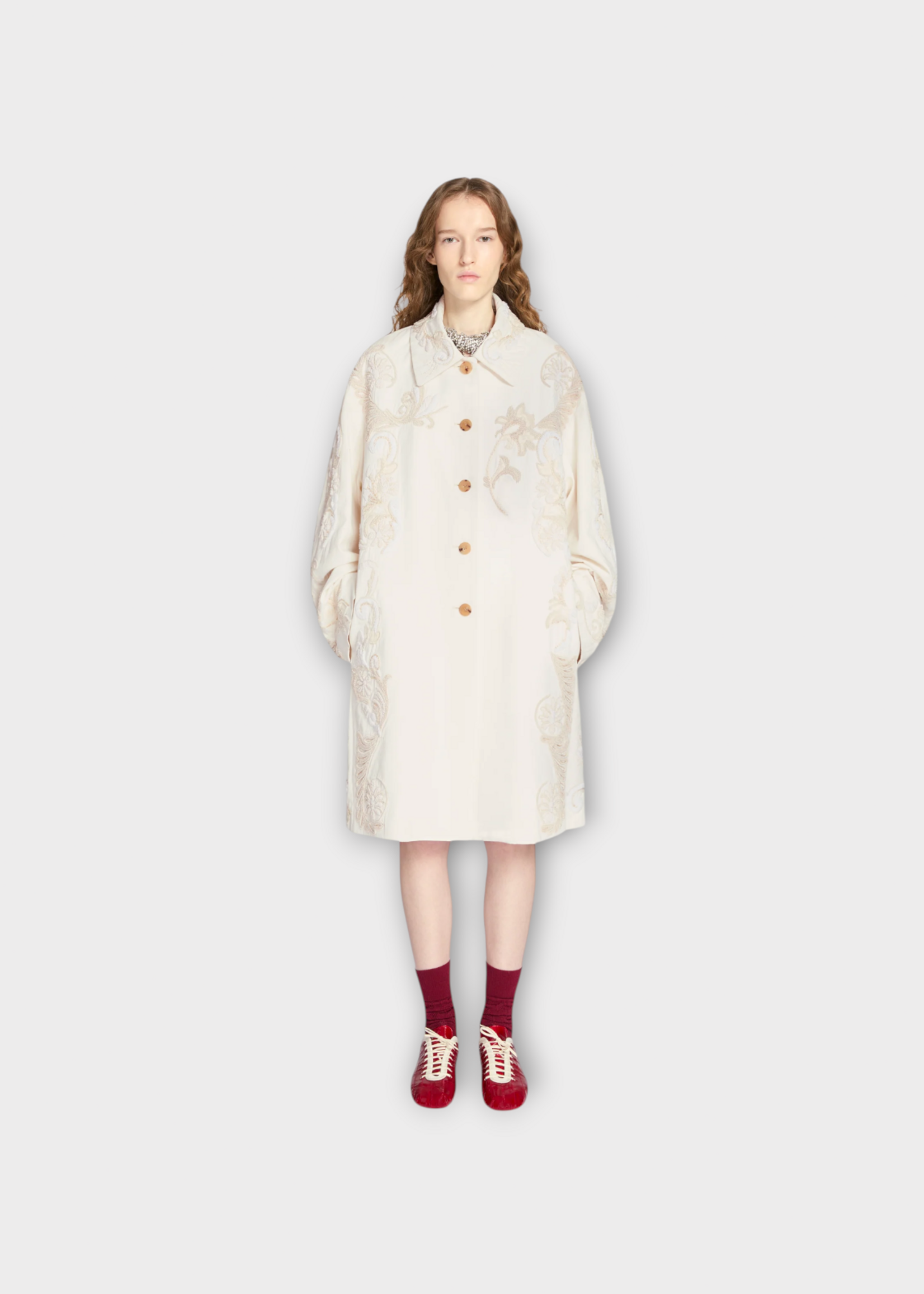 Dries Van Noten Dries Van Noten Coat, White, Rondero Cotton A-Line Coat In Off White w/ Matador Embroidery