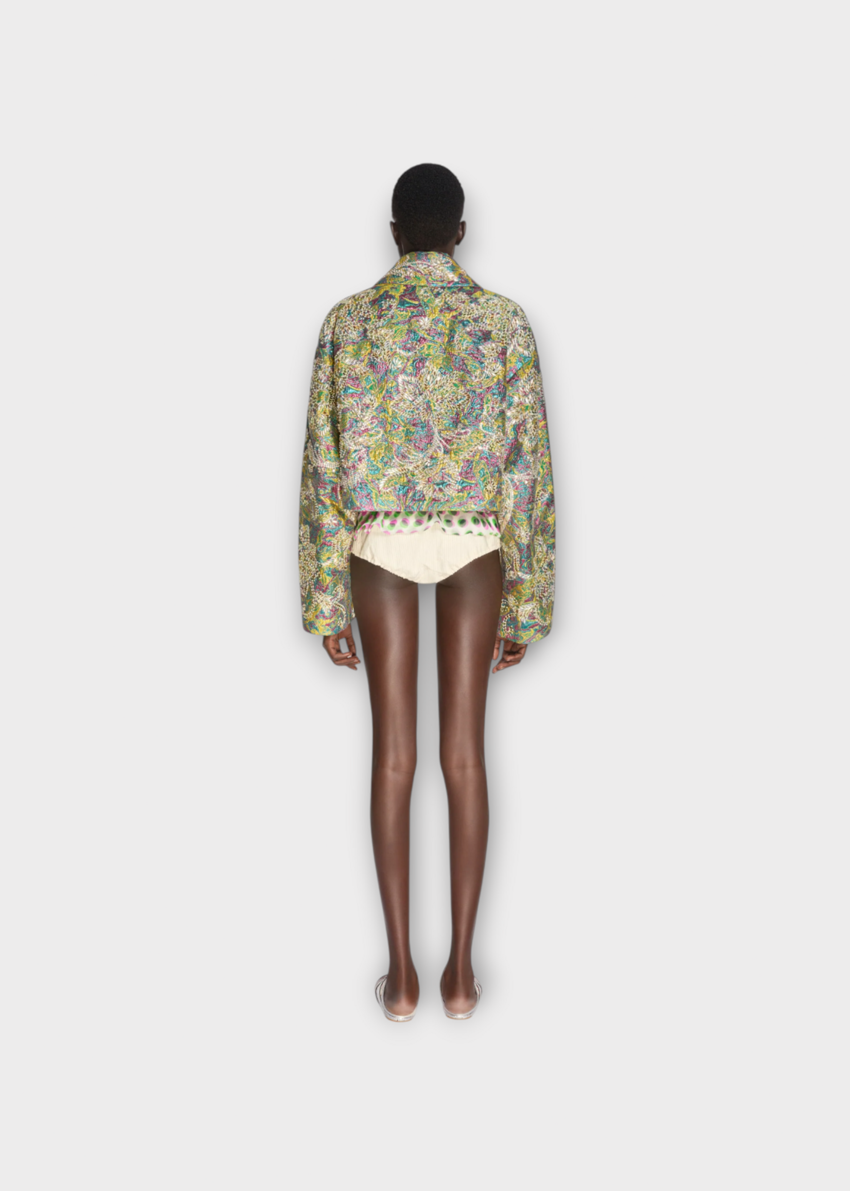 Dries Van Noten Dries Van Noten Jacket, Multi, Vondero Cropped Embroidered Lame In Lemon w/ Floral Jacquard Pattern