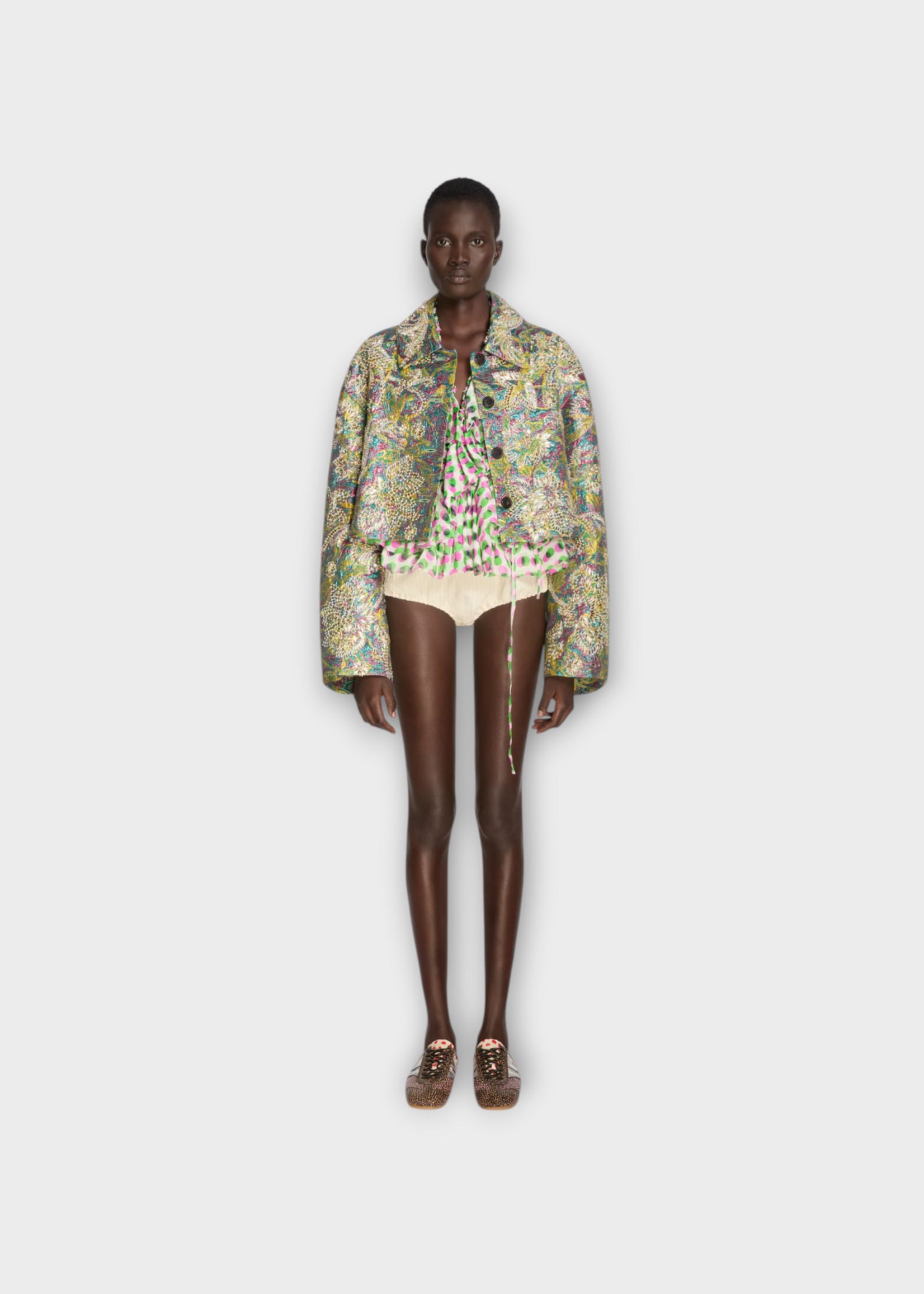 Dries Van Noten Dries Van Noten Jacket, Multi, Vondero Cropped Embroidered Lame In Lemon w/ Floral Jacquard Pattern
