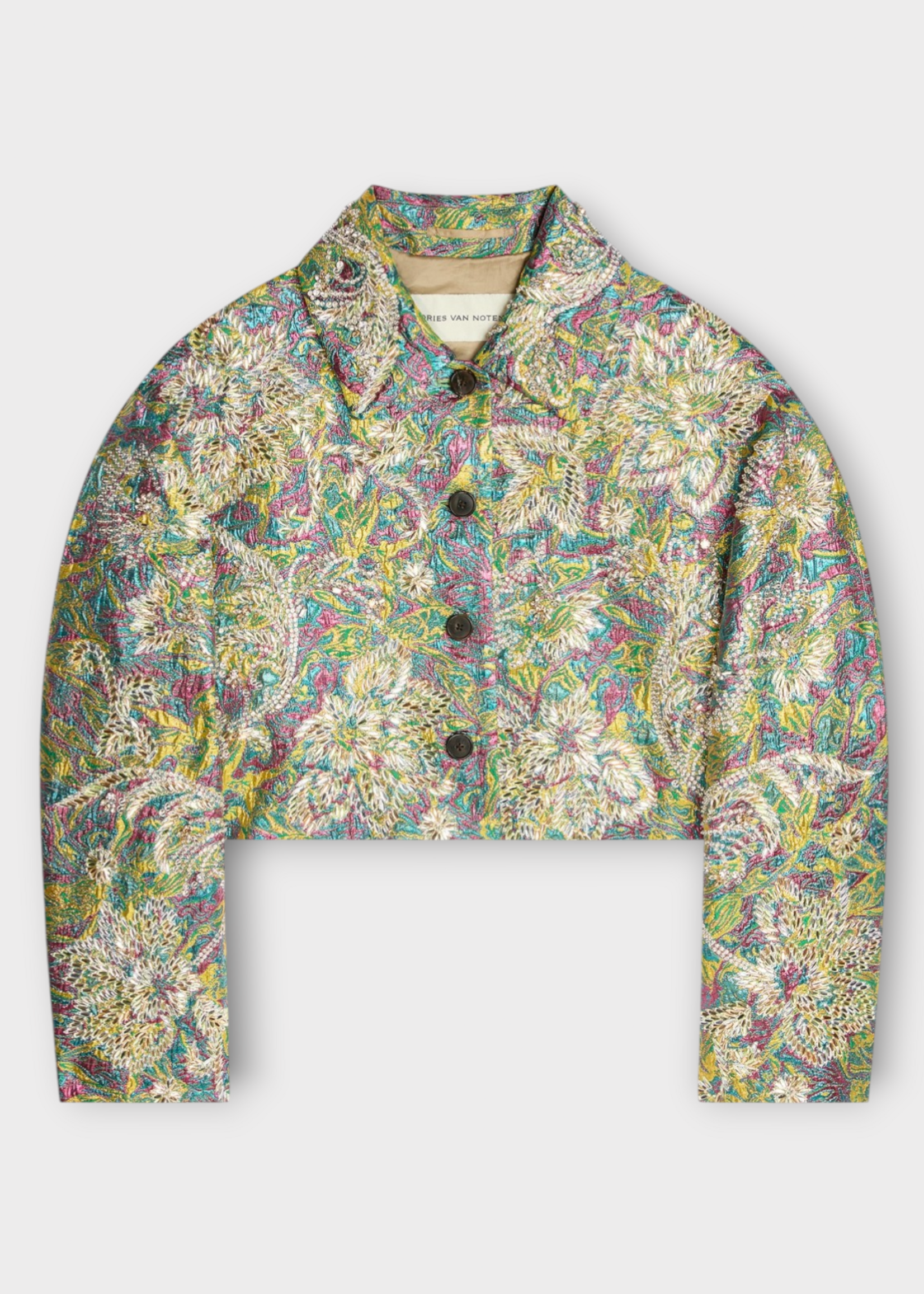 Dries Van Noten Dries Van Noten Jacket, Multi, Vondero Cropped Embroidered Lame In Lemon w/ Floral Jacquard Pattern